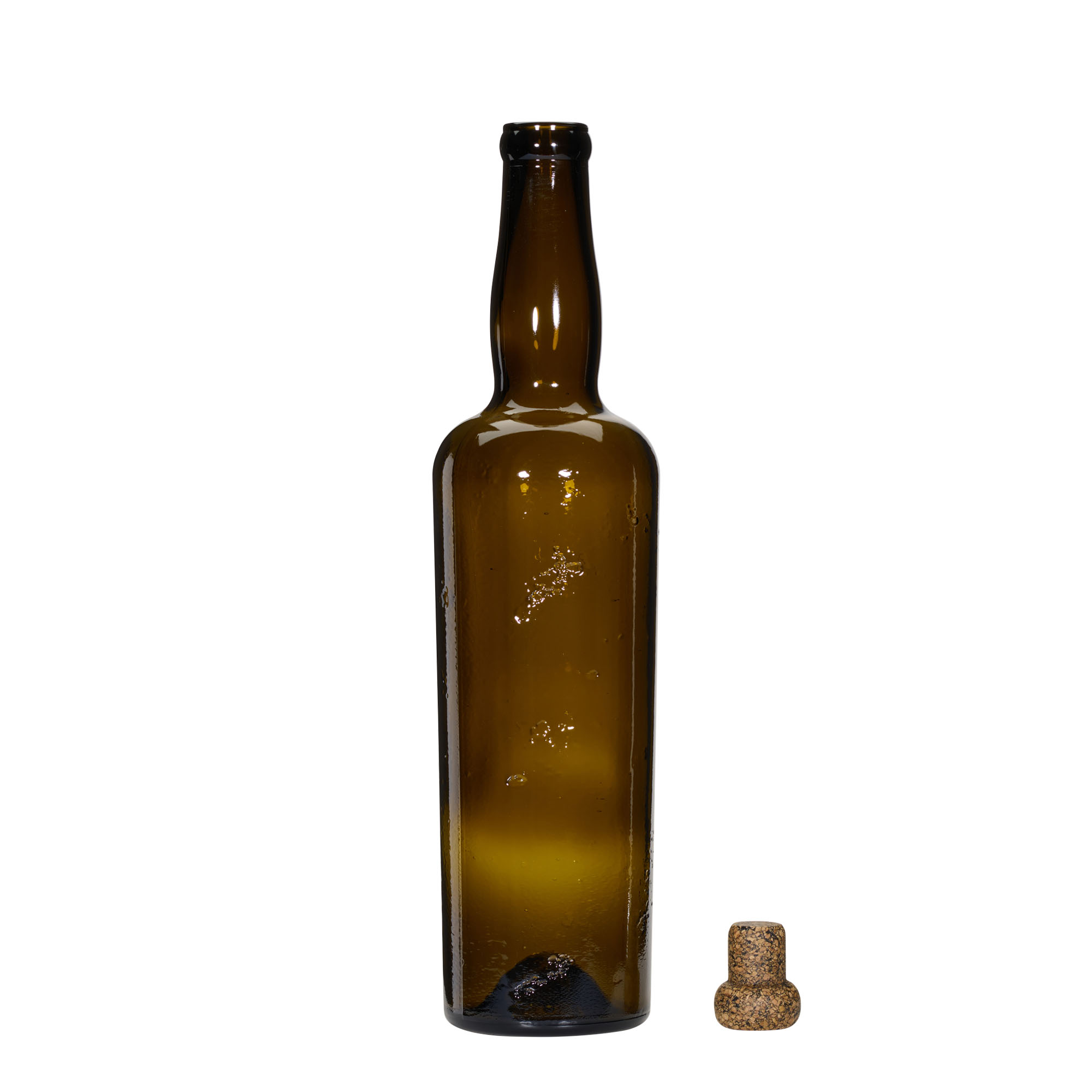 Bouteille en verre artisanal sauvage 750 ml 'Siroco', brun, ouverture : bouchon en liège
