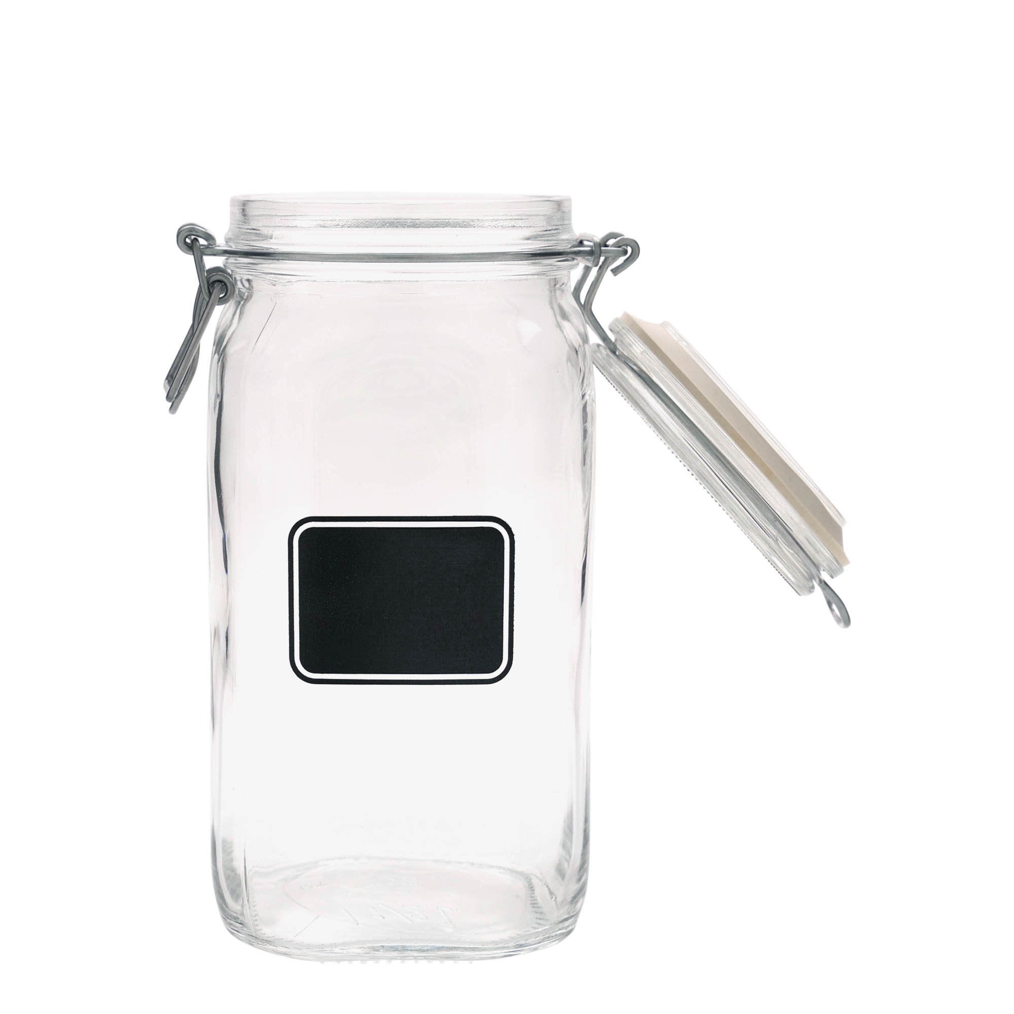 Bocal à fermeture à levier « Fido » 1 500 ml, motif : zone pour étiquette, carré, ouverture : fermeture à levier
