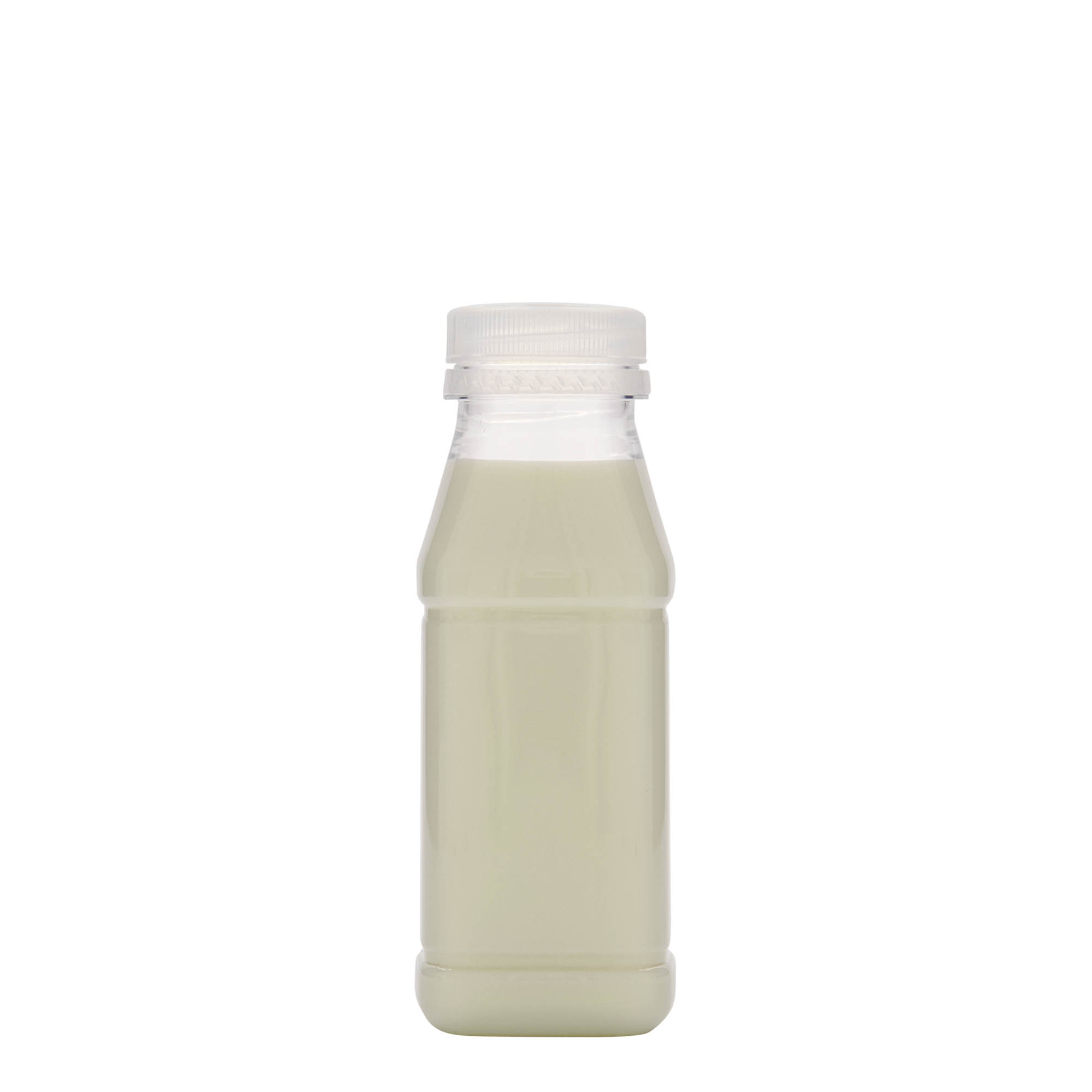 Bouteille PET 250 ml « Milk and Juice Carré », carrée, plastique, ouverture : 38 mm Bouteille PET 250 ml « Milk and Juice Carré », carrée, plastique, ouverture : 38 mm