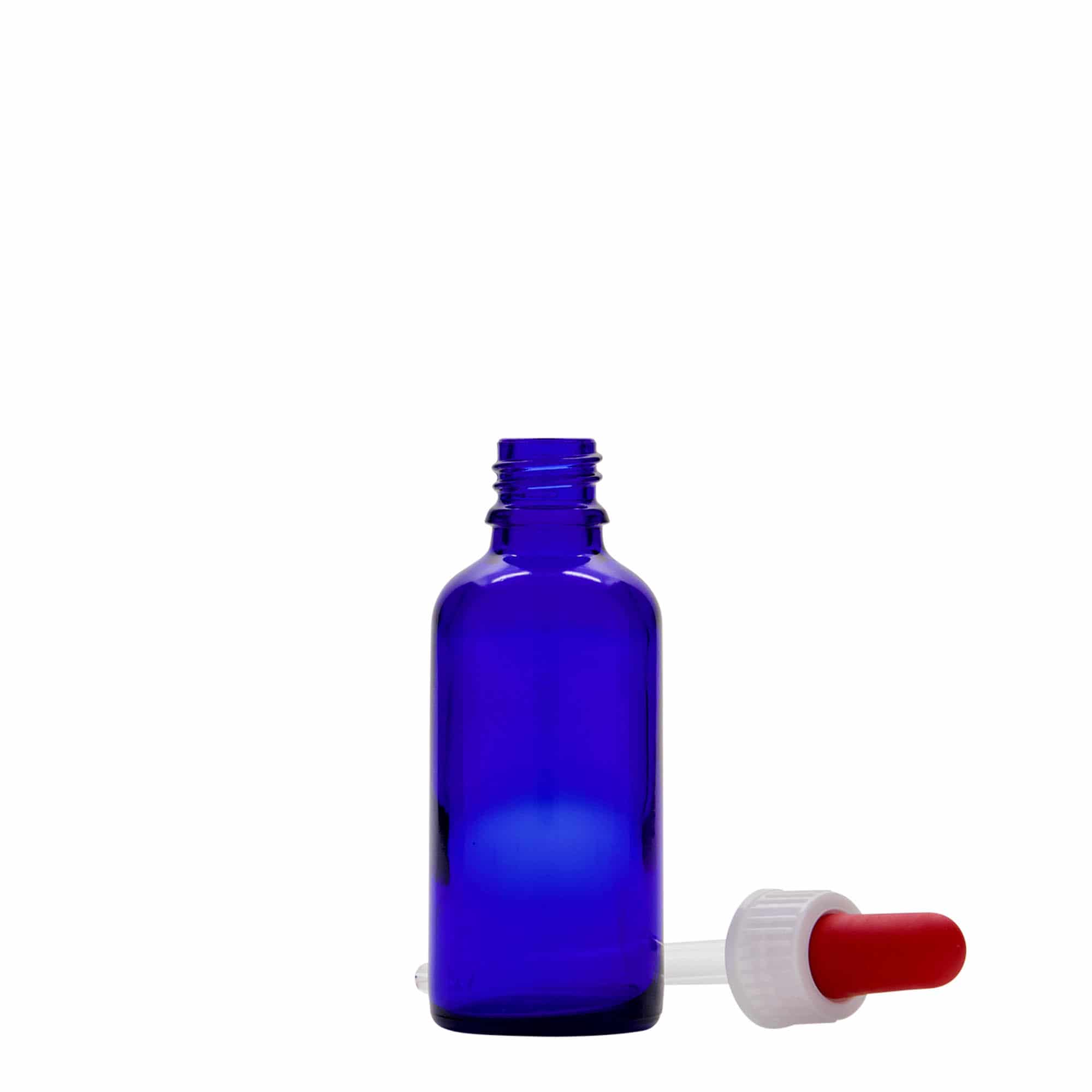 Flacon compte-gouttes médical 50 ml, verre, bleu roi-rouge, col : DIN 18
