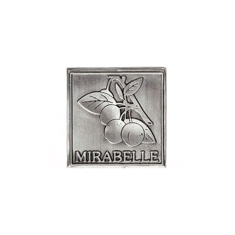 Étiquette en étain 'Mirabelle', carrée, métallique, argentée