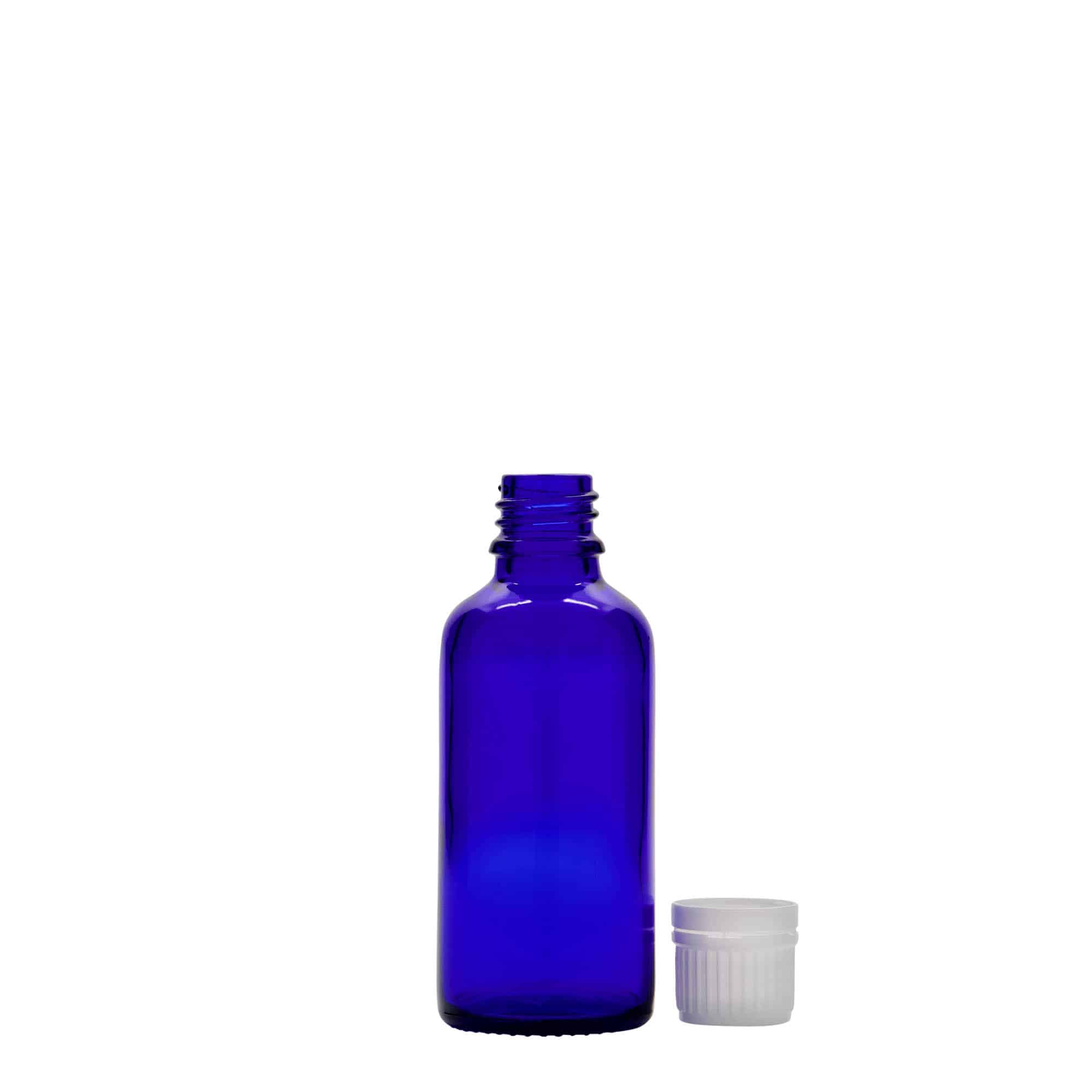 Flacon pharmaceutique 50 ml , verre, bleu roi, bouchage: DIN 18