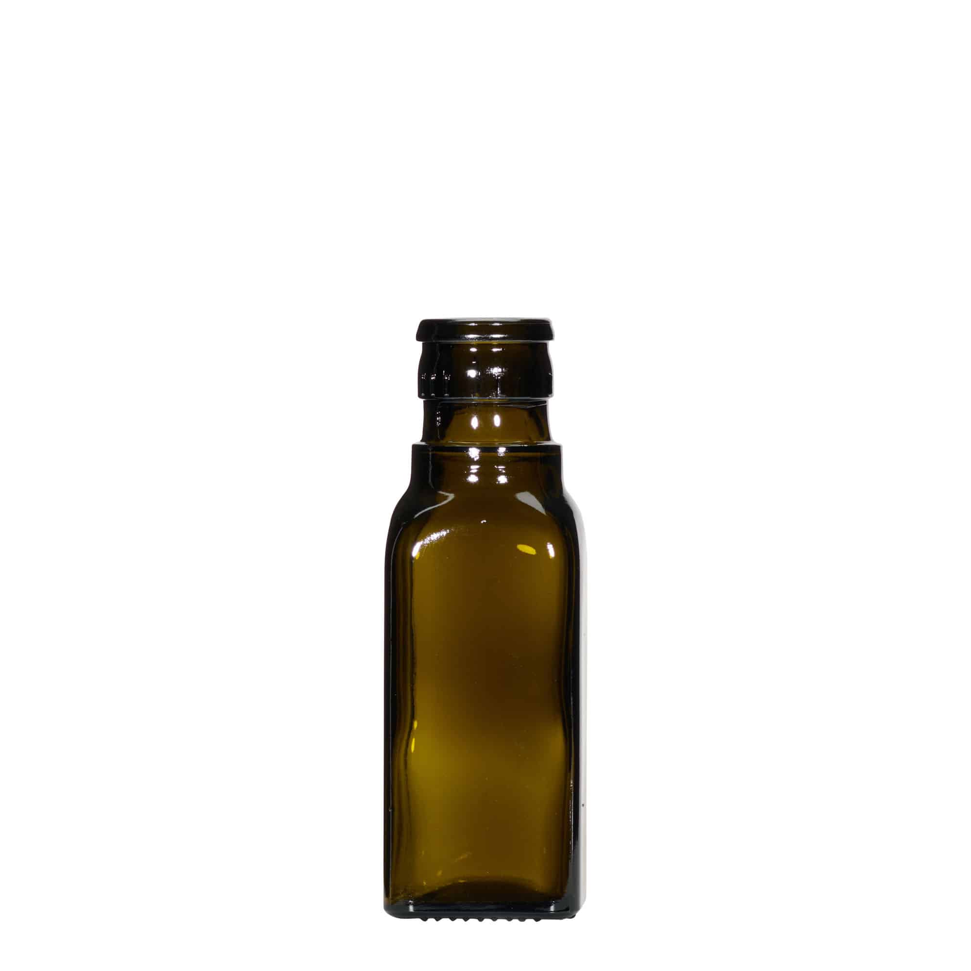 Bouteille de vinaigre / d’huile 100 ml 'Quadra', verre, carrée, vert antique, bouchage: DOP Bouteille de vinaigre / d’huile 100 ml 'Quadra', verre, carrée, vert antique, bouchage: DOP