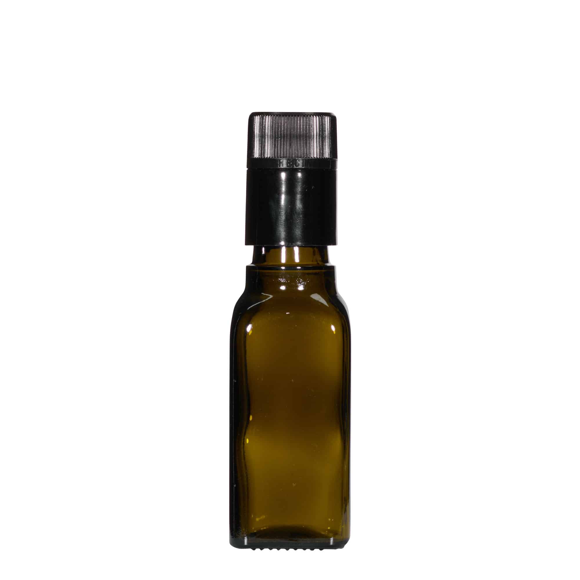 Bouteille de vinaigre / d’huile 100 ml 'Quadra', verre, carrée, vert antique, bouchage: DOP