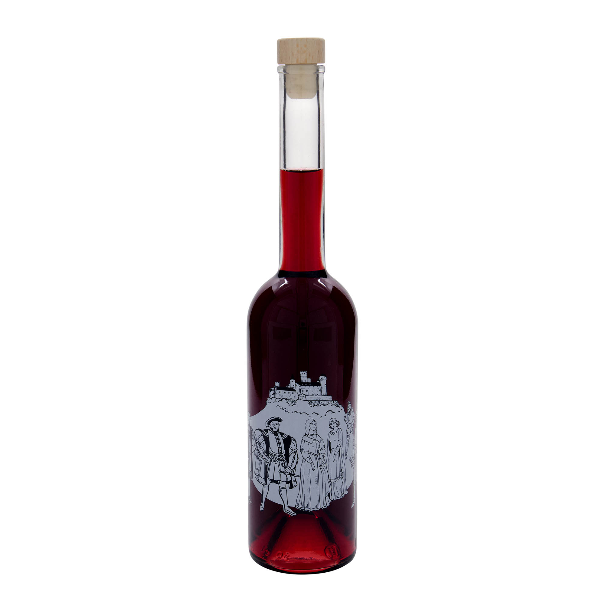 Bouteille en verre 500 ml 'Opera', motif : Moyen Âge, ouverture : bouchon en liège Bouteille en verre 500 ml 'Opera', motif : Moyen Âge, ouverture : bouchon en liège