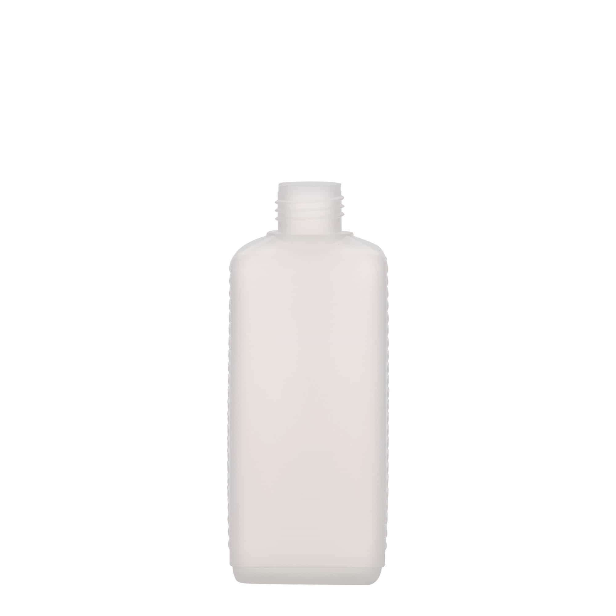 Bouteille bidon de 250 ml, rectangulaire, plastique HDPE, naturel, ouverture : DIN 25 EPE