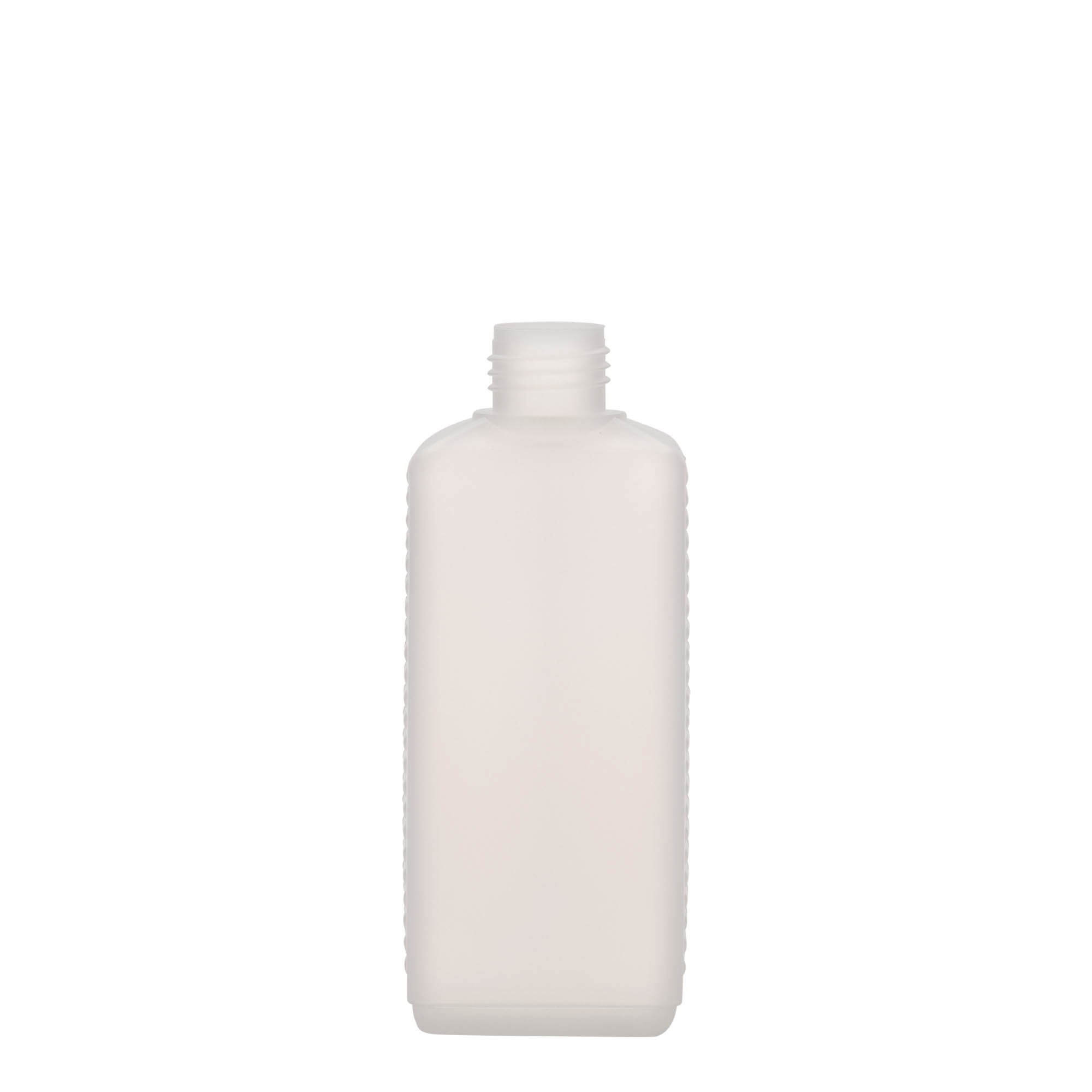 Bouteille bidon de 250 ml, rectangulaire, plastique HDPE, naturel, ouverture : DIN 25 EPE