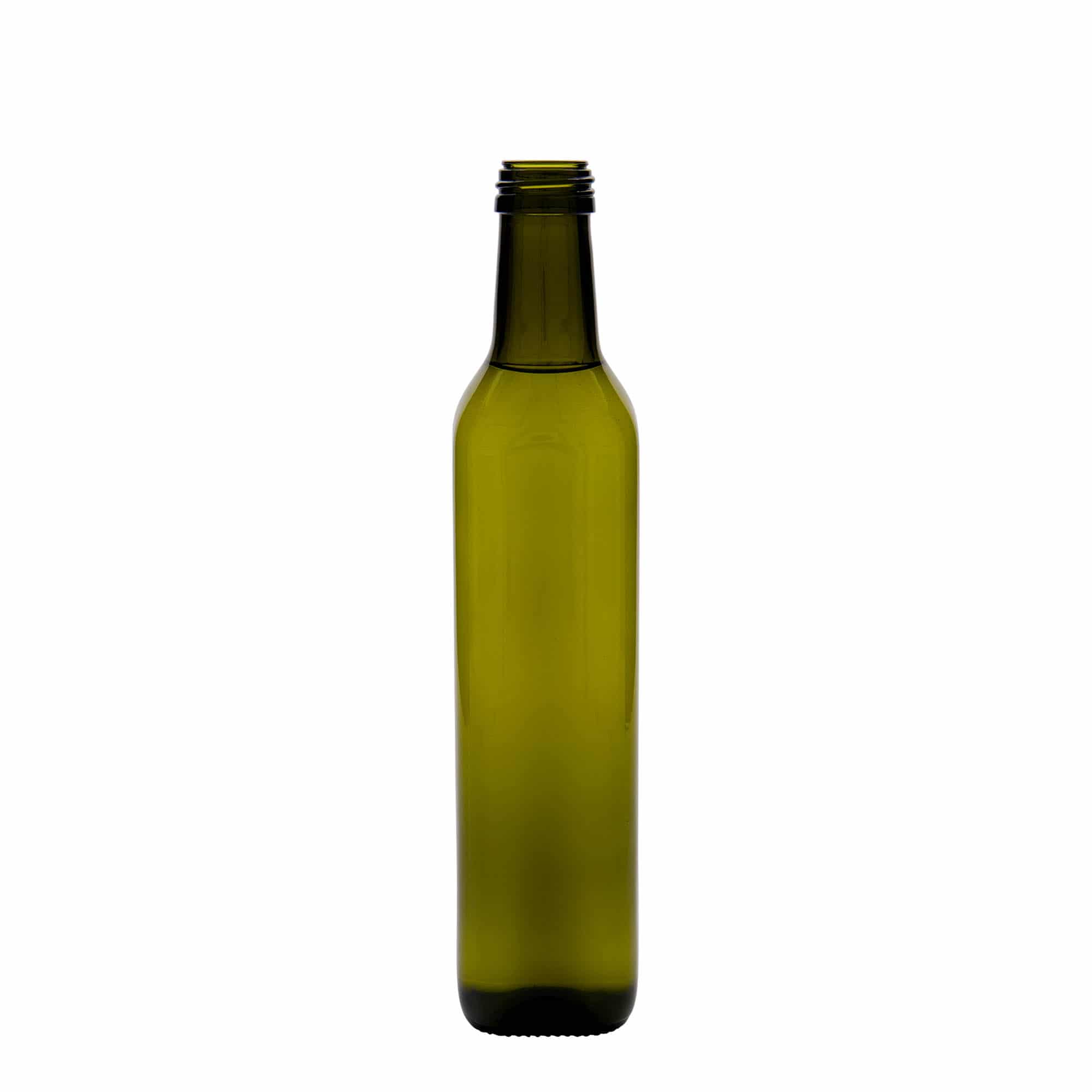 Bouteille en verre 500 ml « Marasca », carrée, vert antique, ouverture : PP 31,5
