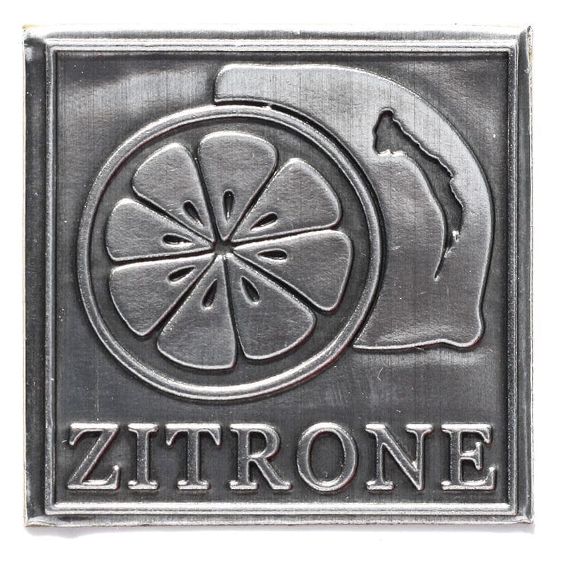 Étiquette en étain 'Citron', carrée, métallique, argentée Étiquette en étain 'Citron', carrée, métallique, argentée
