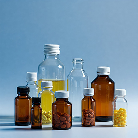 flacons pharmaceutiques Image d'ambiance : Bouteilles brunes et transparentes remplies de produits pharmaceutiques