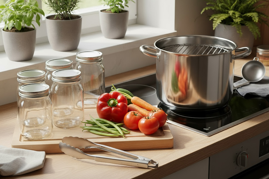 botulisme Une personne tient un bocal de légumes marinés dans sa main gauche et pointe le contenu avec son index droit