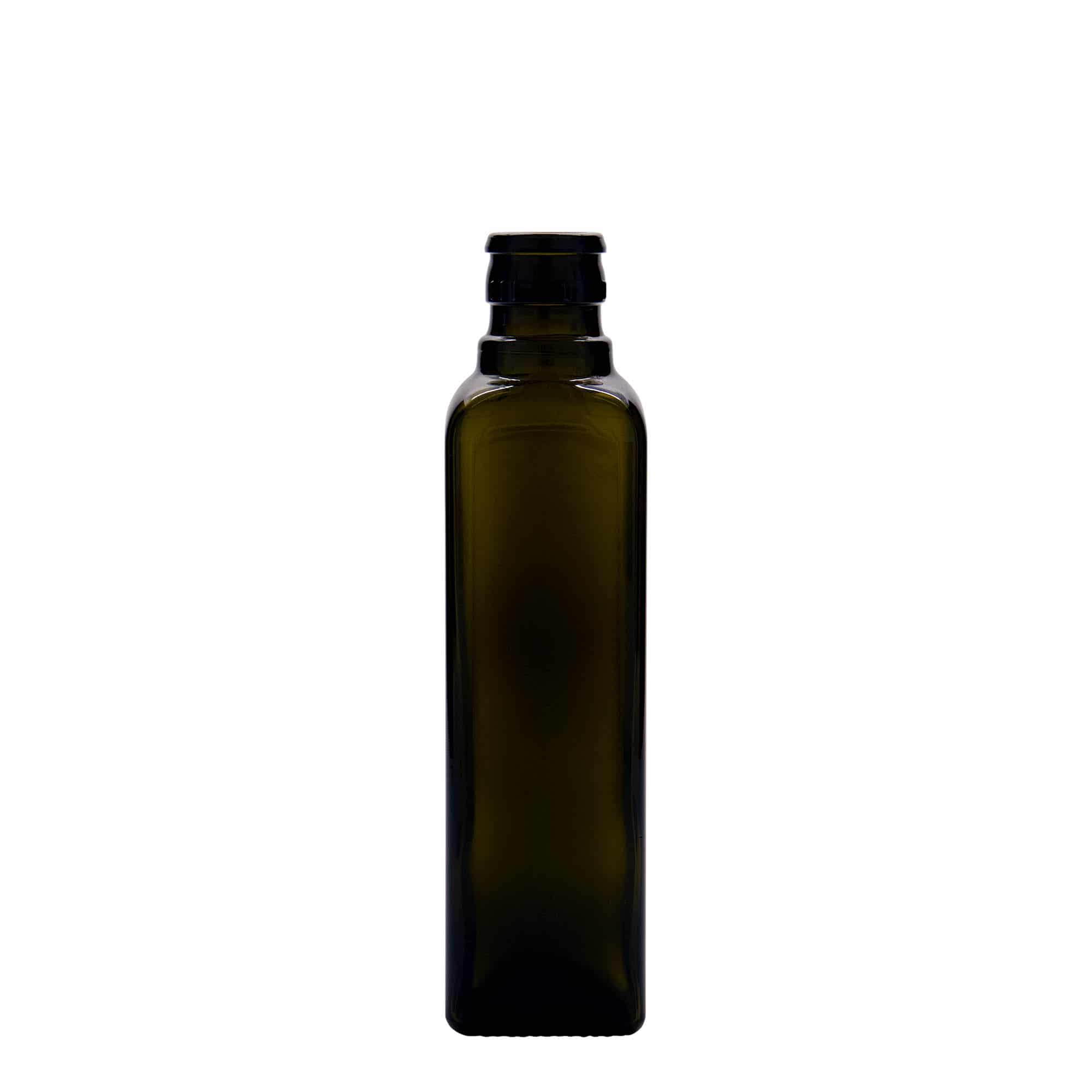 Bouteille de vinaigre / d’huile 250 ml 'Quadra', verre, carrée, vert antique, bouchage: DOP Bouteille de vinaigre / d’huile 250 ml 'Quadra', verre, carrée, vert antique, bouchage: DOP