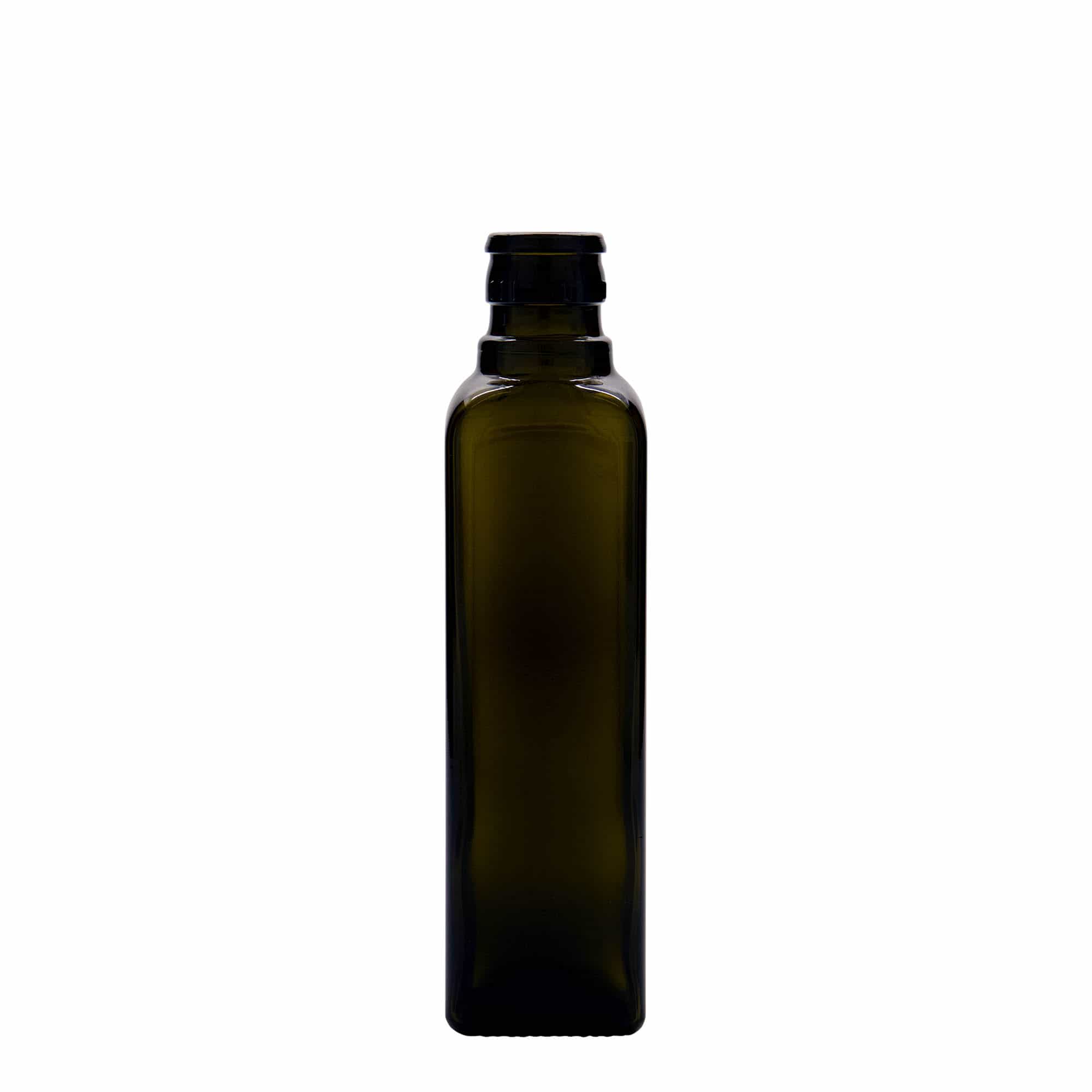 Flacon de vinaigre/huile 250 ml « Quadra », verre, carré, vert antique, ouverture : DOP