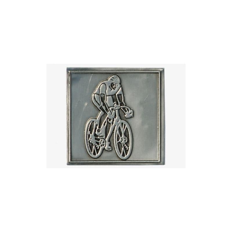 Étiquette en étain « Cycliste », carrée, métal, argentée Étiquette en étain « Cycliste », carrée, métal, argentée