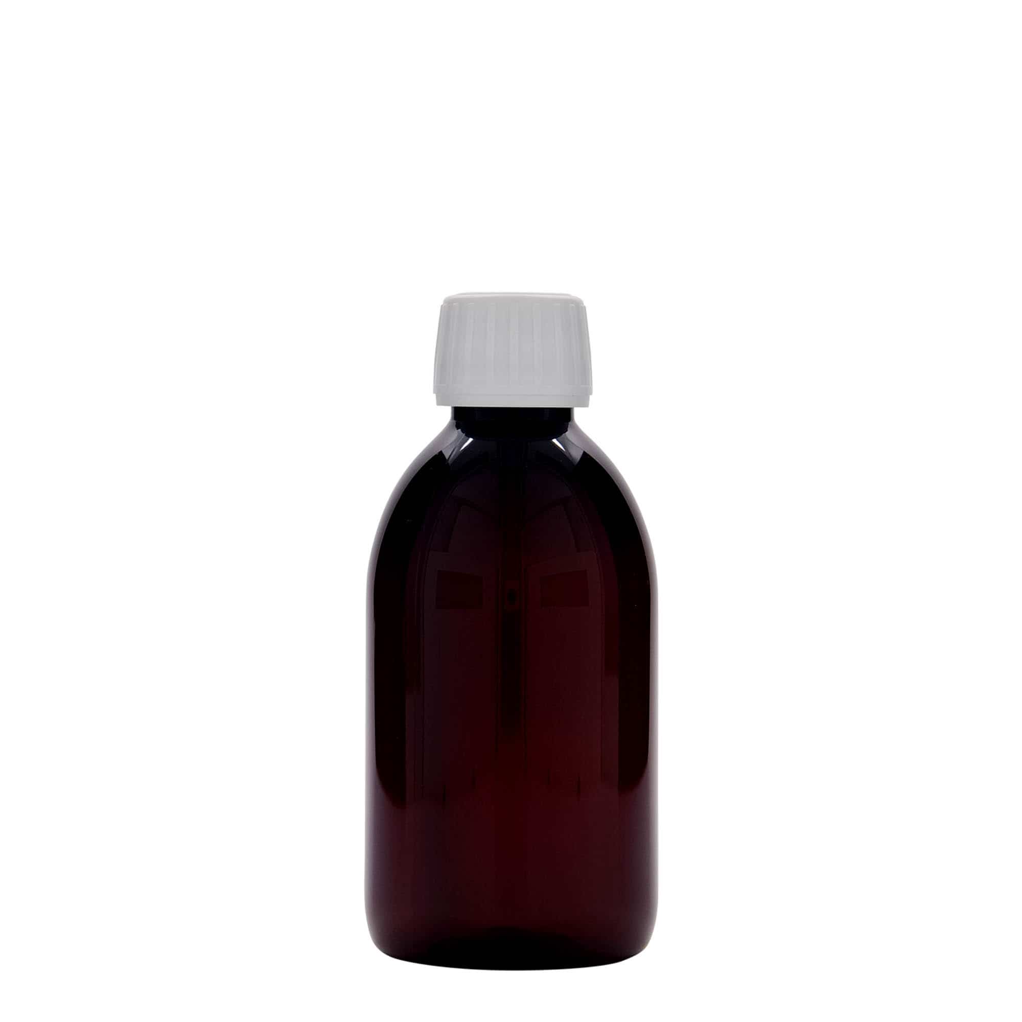 Flacon pharmaceutique en PET 250 ml, marron, plastique, col : PP 28