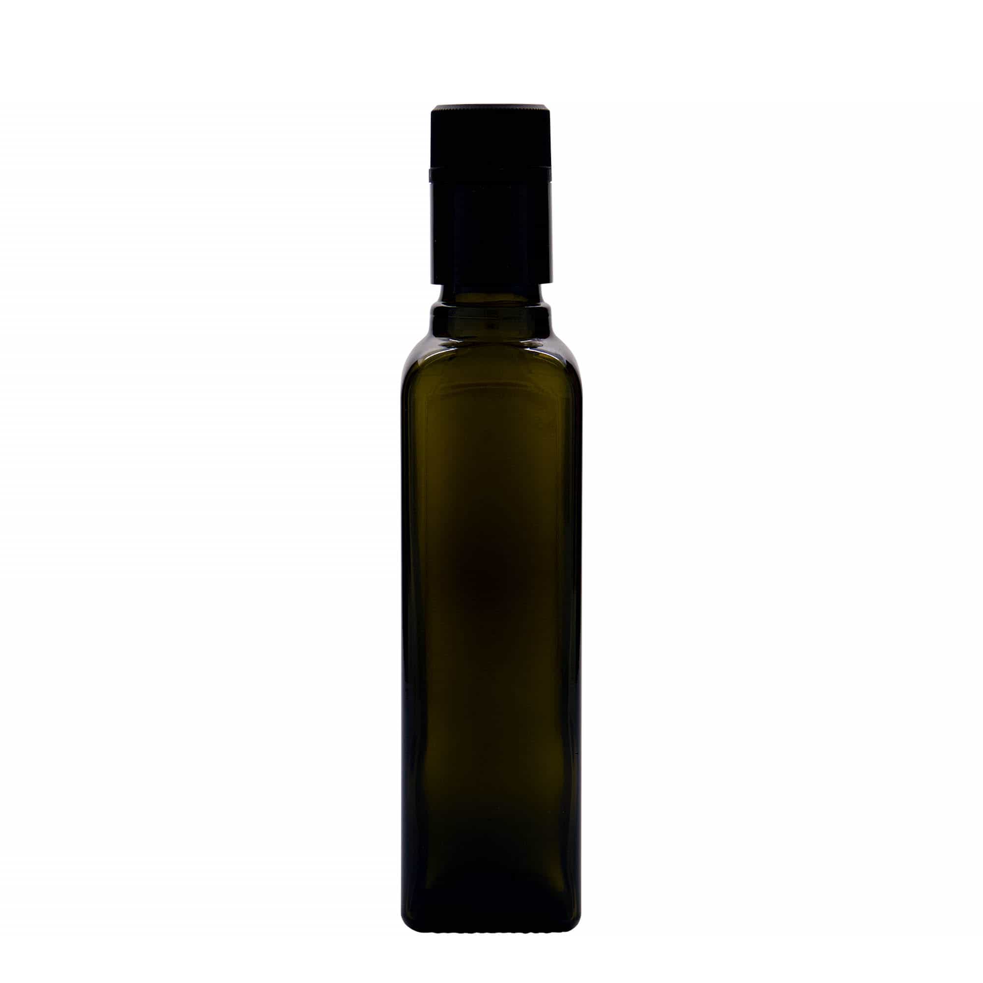 Flacon de vinaigre/huile 250 ml « Quadra », verre, carré, vert antique, ouverture : DOP