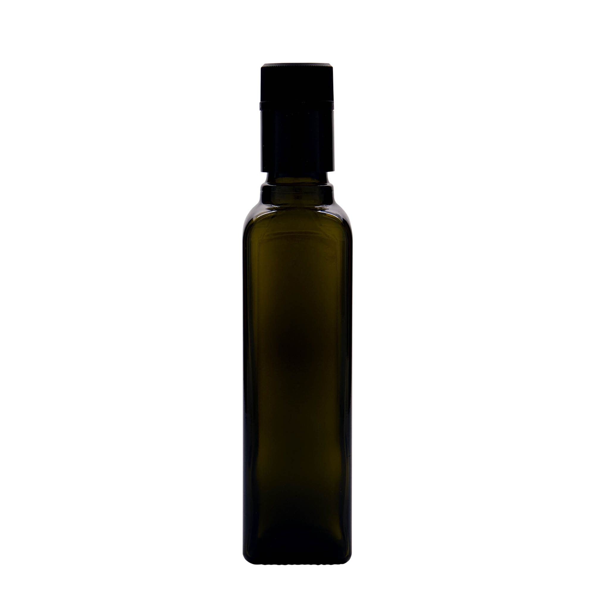 Flacon de vinaigre/huile 250 ml « Quadra », verre, carré, vert antique, ouverture : DOP