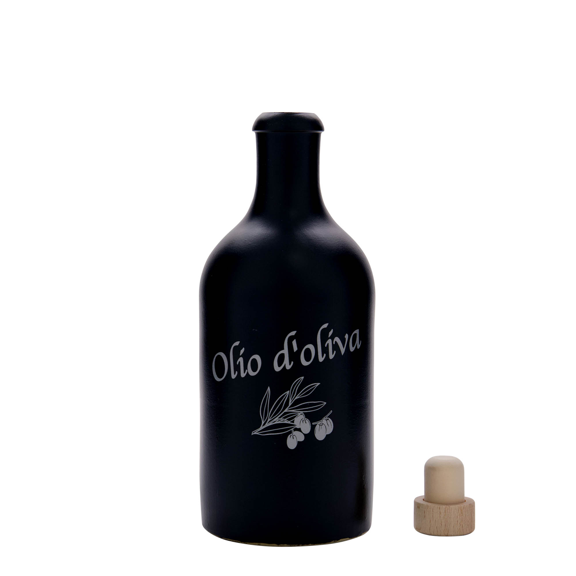 Cruche en grès 500 ml, motif : Olio d'Oliva, grès, noir, ouverture : bouchon en liège Cruche en grès 500 ml, motif : Olio d'Oliva, grès, noir, ouverture : bouchon en liège