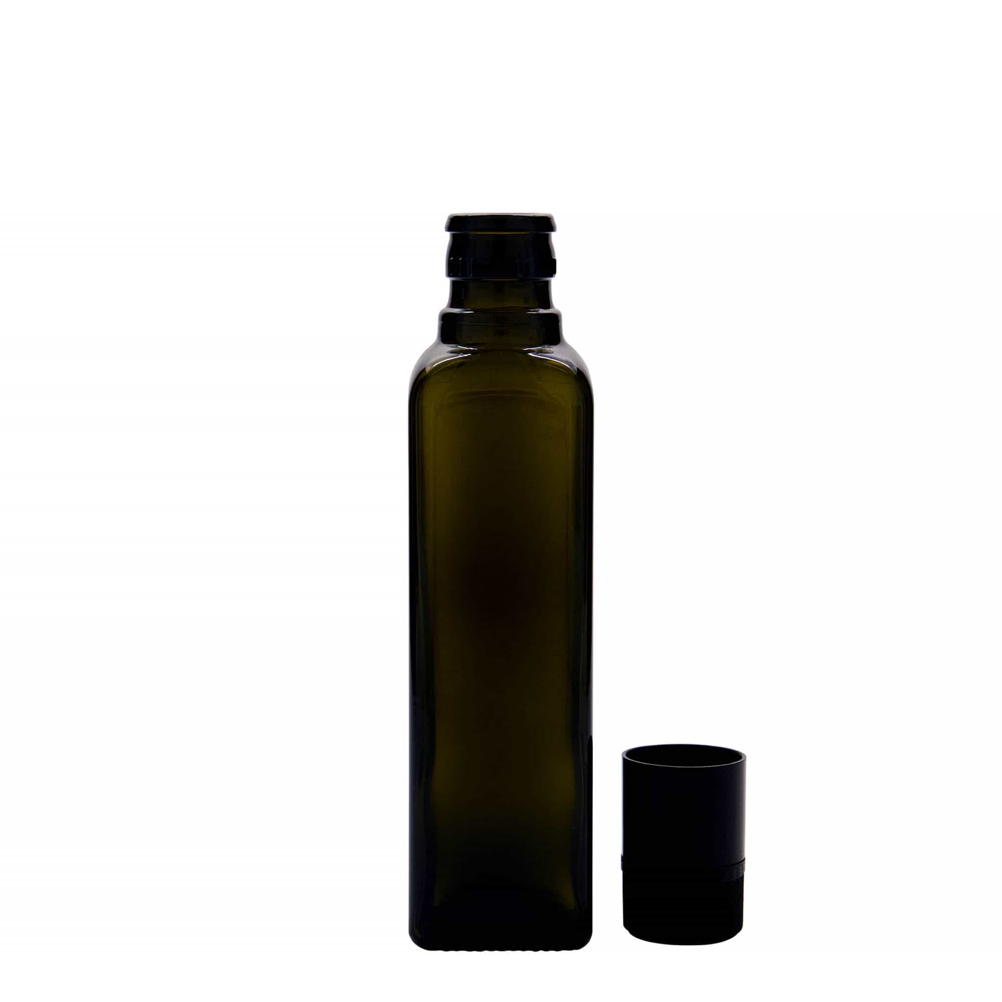 Flacon de vinaigre/huile 250 ml « Quadra », verre, carré, vert antique, ouverture : DOP