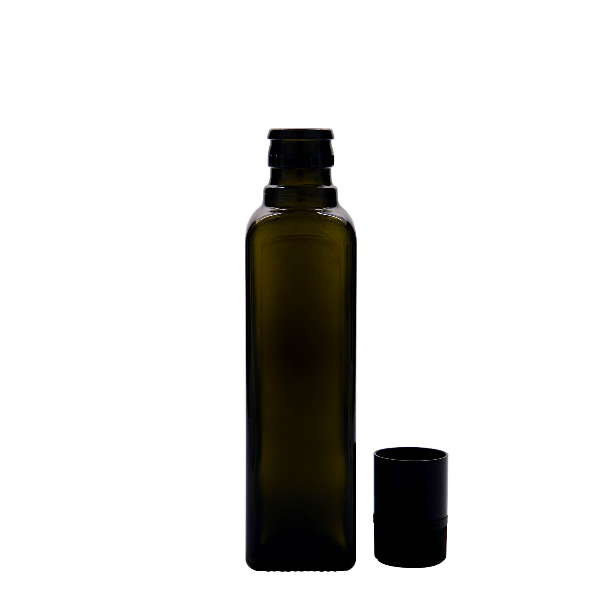 Flacon de vinaigre/huile 250 ml « Quadra », verre, carré, vert antique, ouverture : DOP