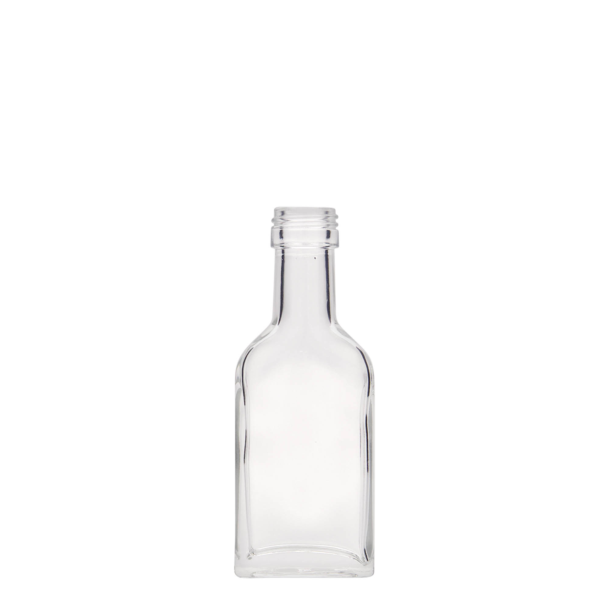 Flacon de poche 40 ml col long, rectangulaire, verre, ouverture : PP 22 Flacon de poche 40 ml col long, rectangulaire, verre, ouverture : PP 22