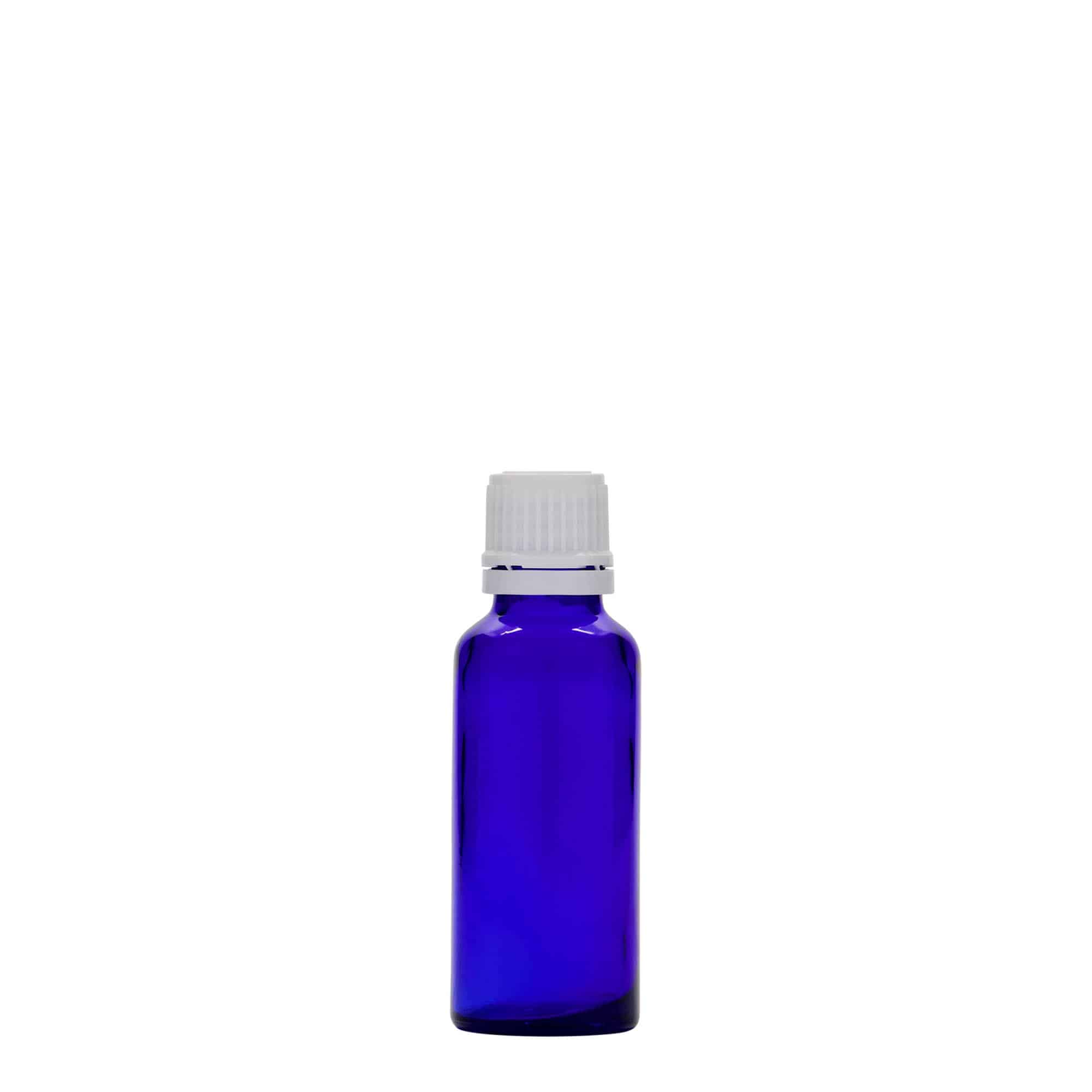 Flacon pharmaceutique 30 ml , verre, bleu roi, col : DIN 18