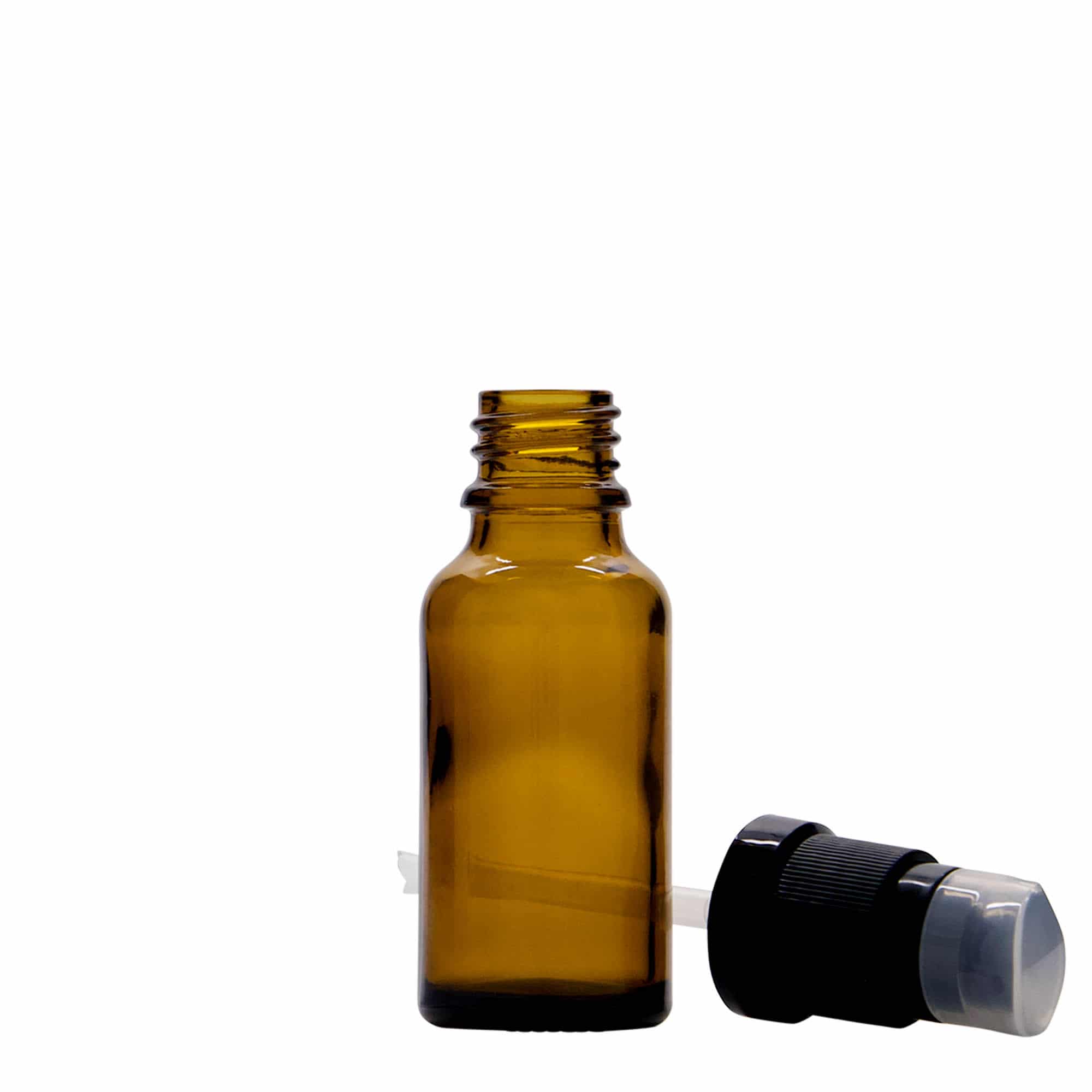 Flacon médical de 20 ml avec pompe à lotion, verre, brun, ouverture : DIN 18