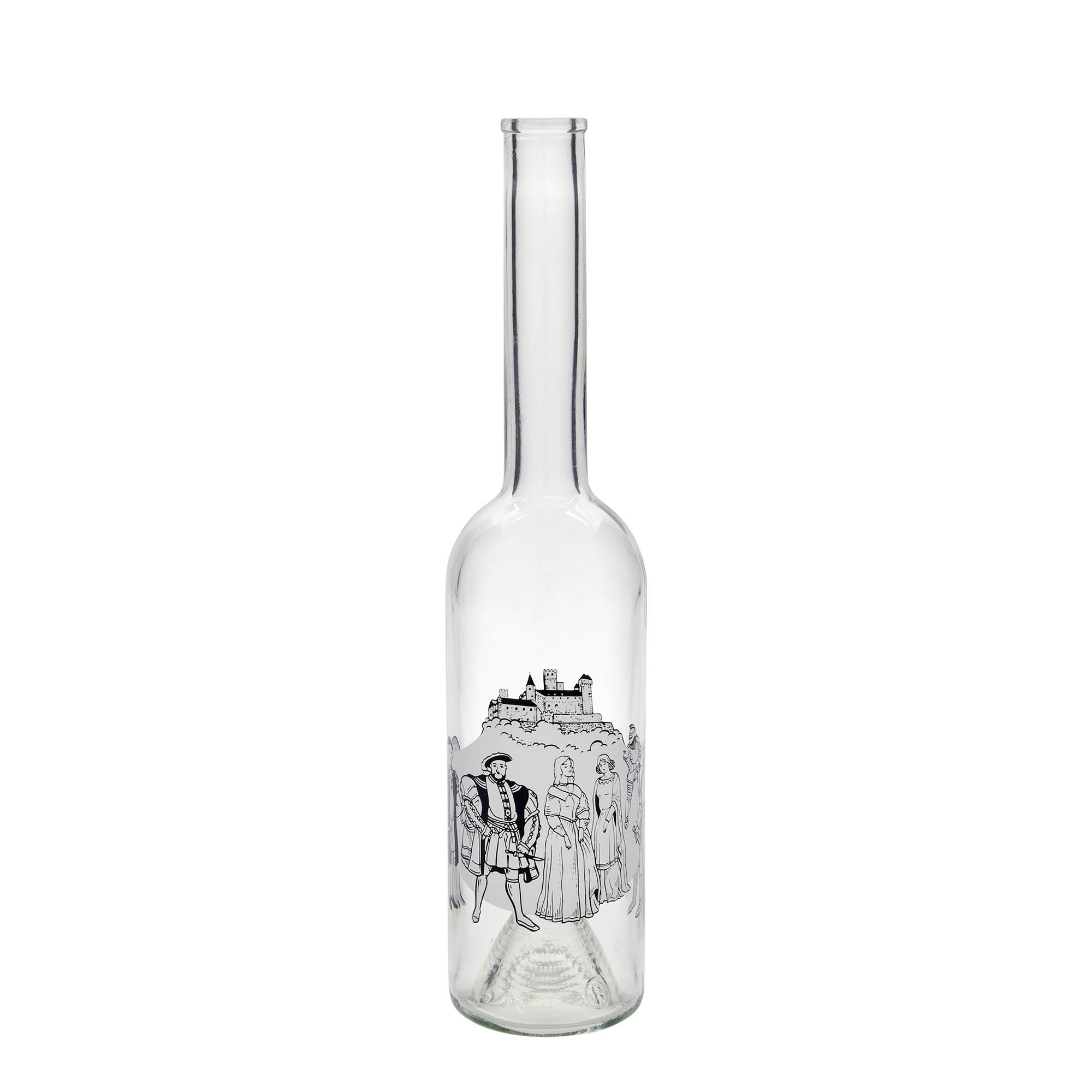 Bouteille en verre 500 ml 'Opera', motif : Moyen Âge, ouverture : bouchon en liège