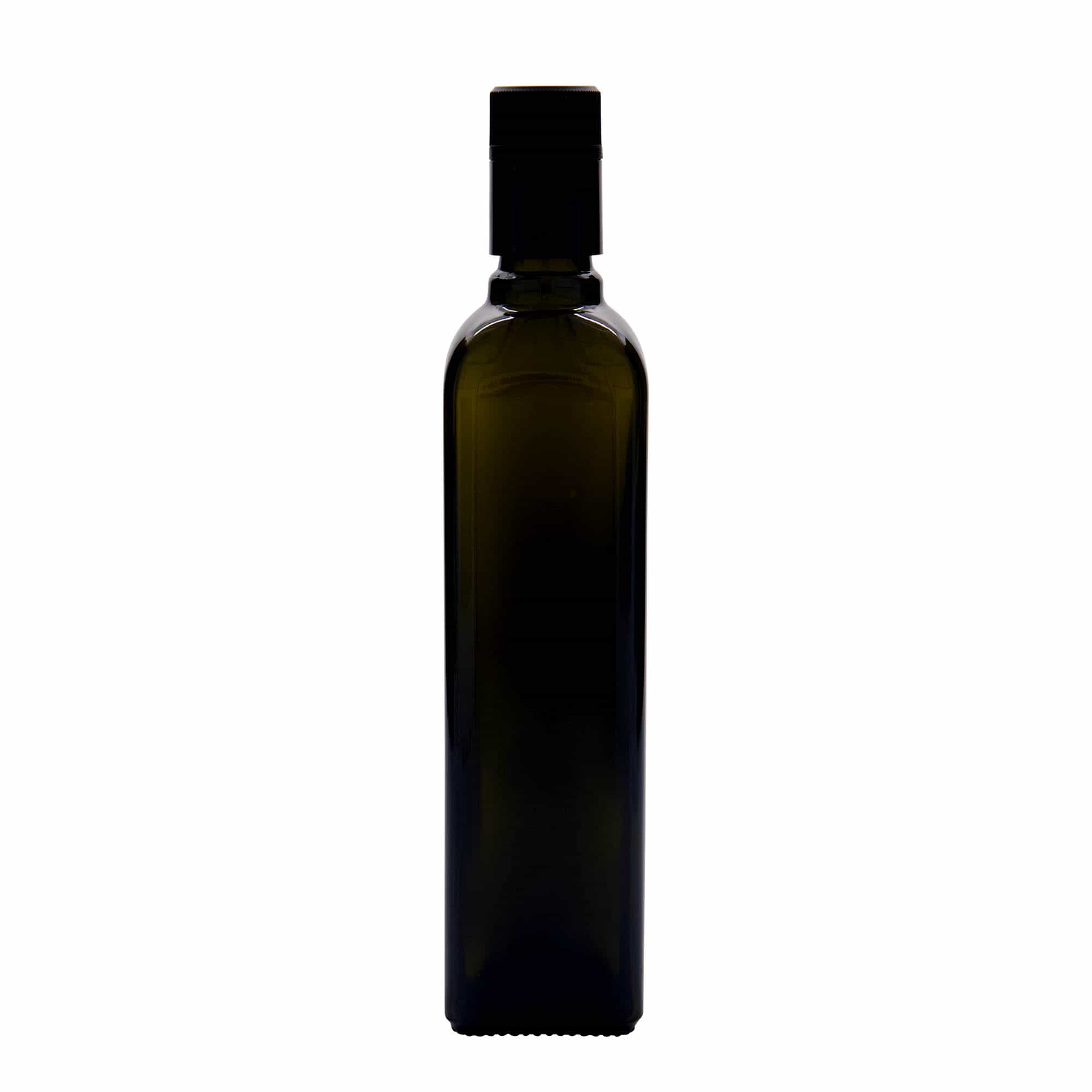 Bouteille de vinaigre / d’huile 500 ml 'Quadra', verre, carrée, vert antique, bouchage: DOP