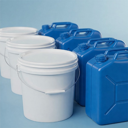 Seaux blancs et bidons bleus Image d'ambiance : seaux blancs et bidons bleus pour les produits chimiques