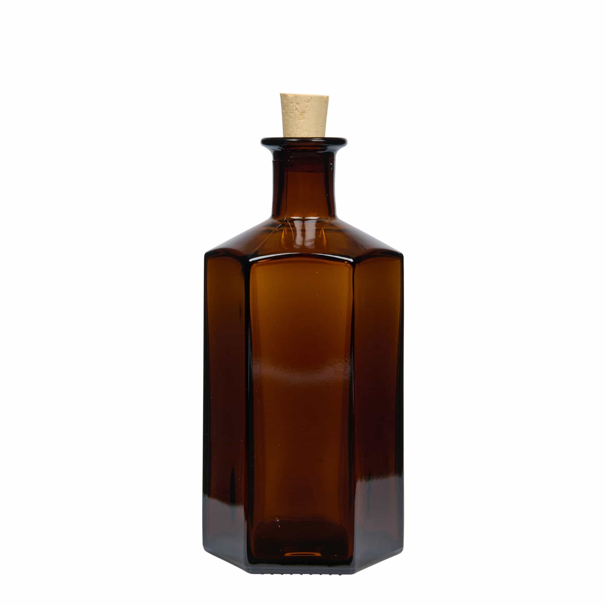 Bouteille en verre apothicaire 500 ml 'Jimmy'. hexagonale. brun. bouchage: bouchon