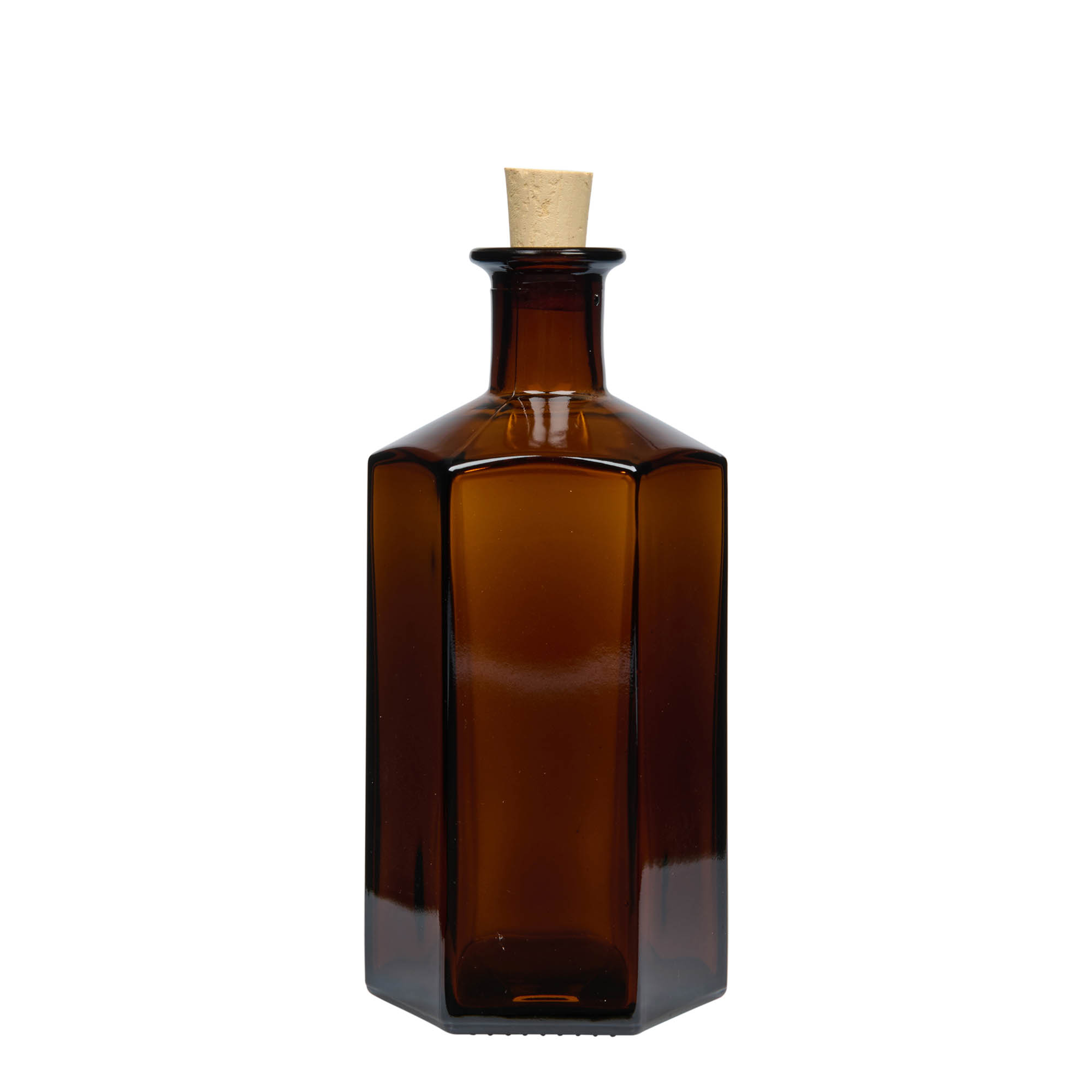 Bouteille en verre 500 ml Apothicaire 'Jimmy', hexagonale, brune, ouverture : bouchon en liège