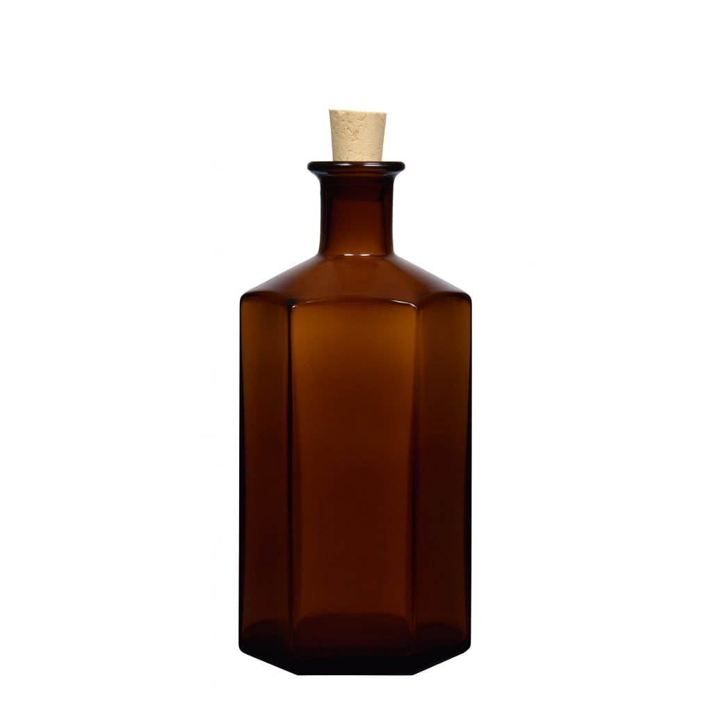 Bouteille en verre 500 ml Apothicaire 'Jimmy', hexagonale, brune, ouverture : bouchon en liège