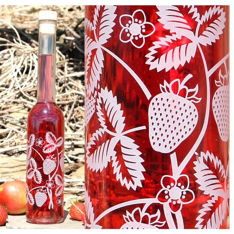 Bouteille en verre 350 ml 'Opera', motif : fraises, col : liège