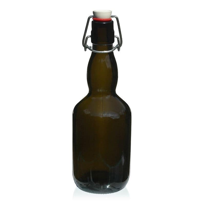 Bouteille de bière col large 500 ml, verre, vert antique, col : bouchon mécanique