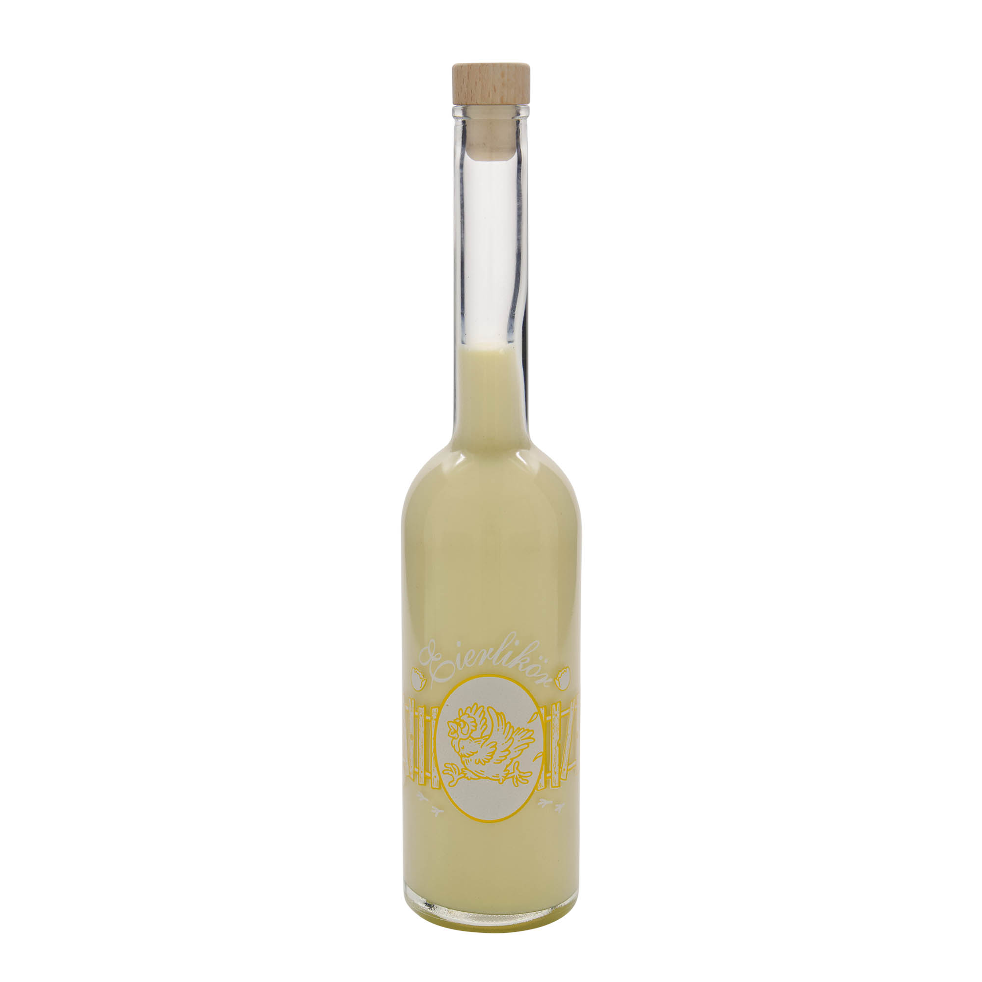 Bouteille en verre 500 ml 'Opera', motif : liqueur d'œuf, ouverture : bouchon en liège Bouteille en verre 500 ml 'Opera', motif : liqueur d'œuf, ouverture : bouchon en liège