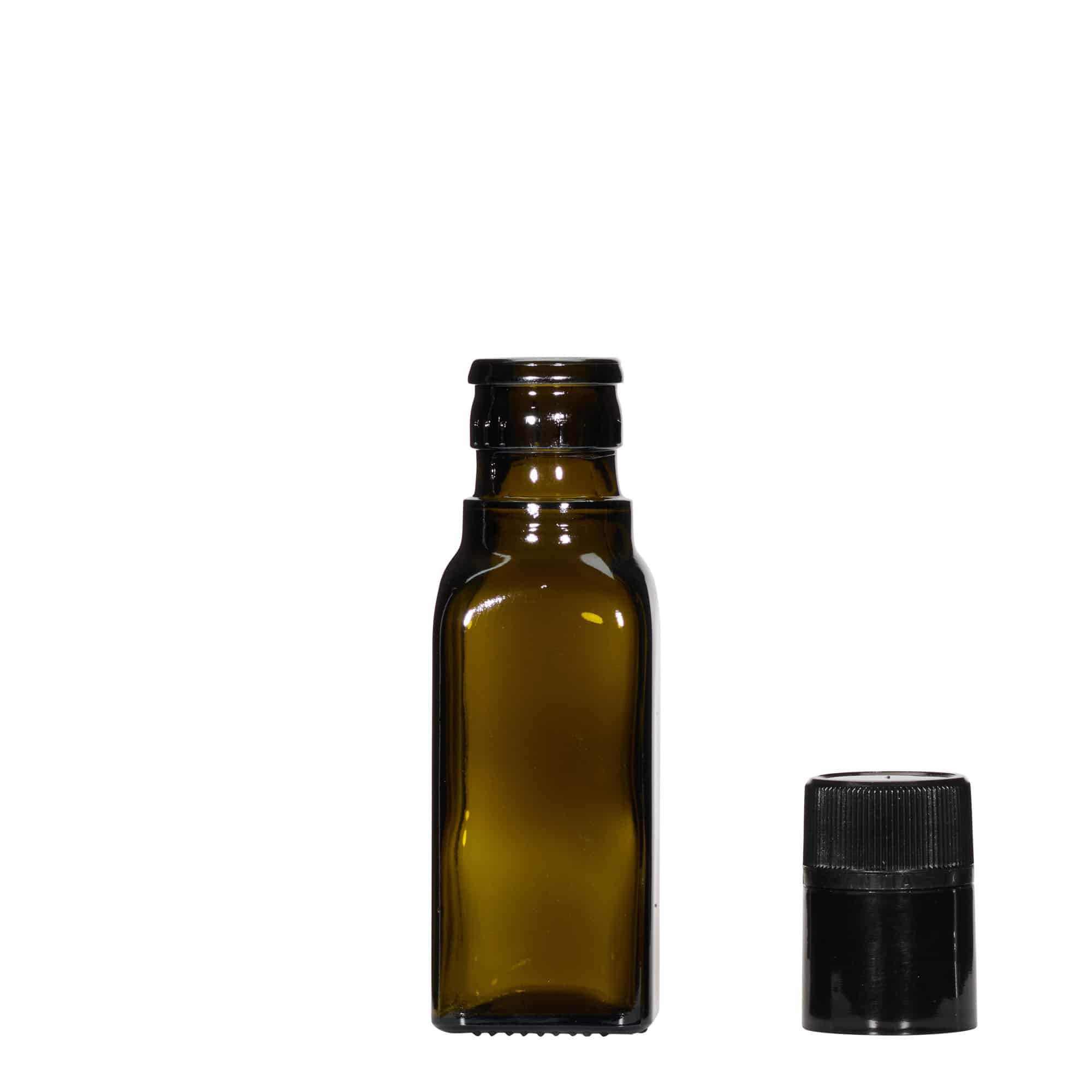 Bouteille de vinaigre / d’huile 100 ml 'Quadra', verre, carrée, vert antique, bouchage: DOP