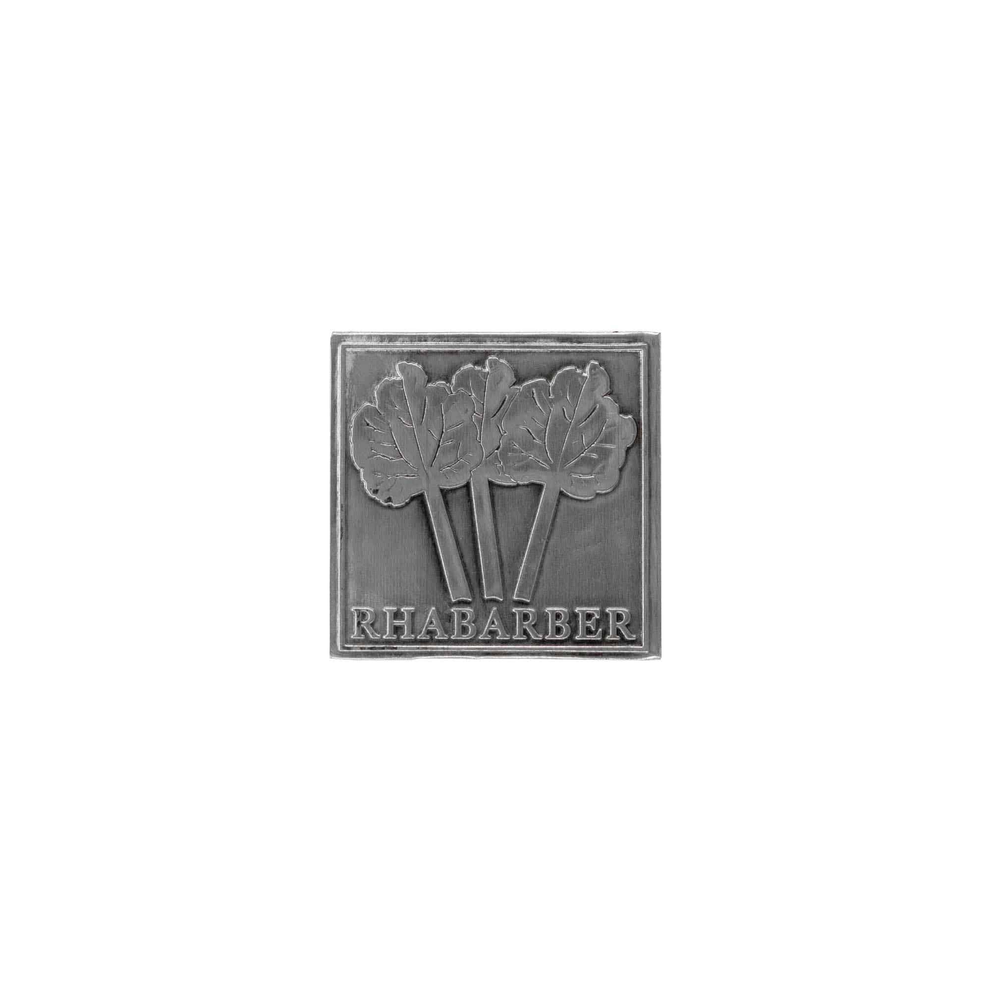 Étiquette en étain 'Rhubarbe', carrée, métallique, argentée Étiquette en étain 'Rhubarbe', carrée, métallique, argentée