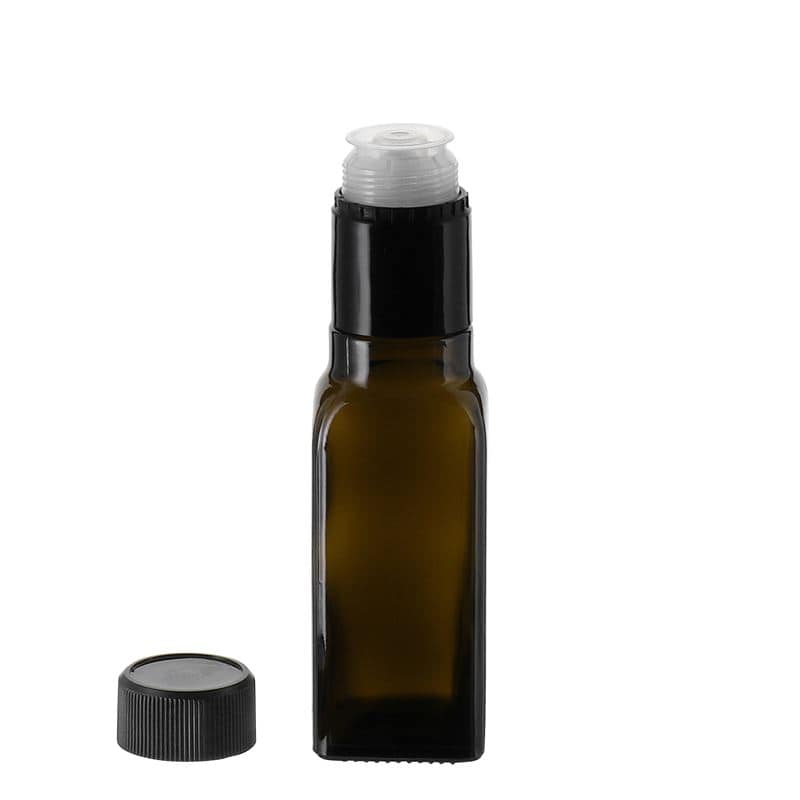 Bouteille de vinaigre / d’huile 100 ml 'Quadra', verre, carrée, vert antique, bouchage: DOP