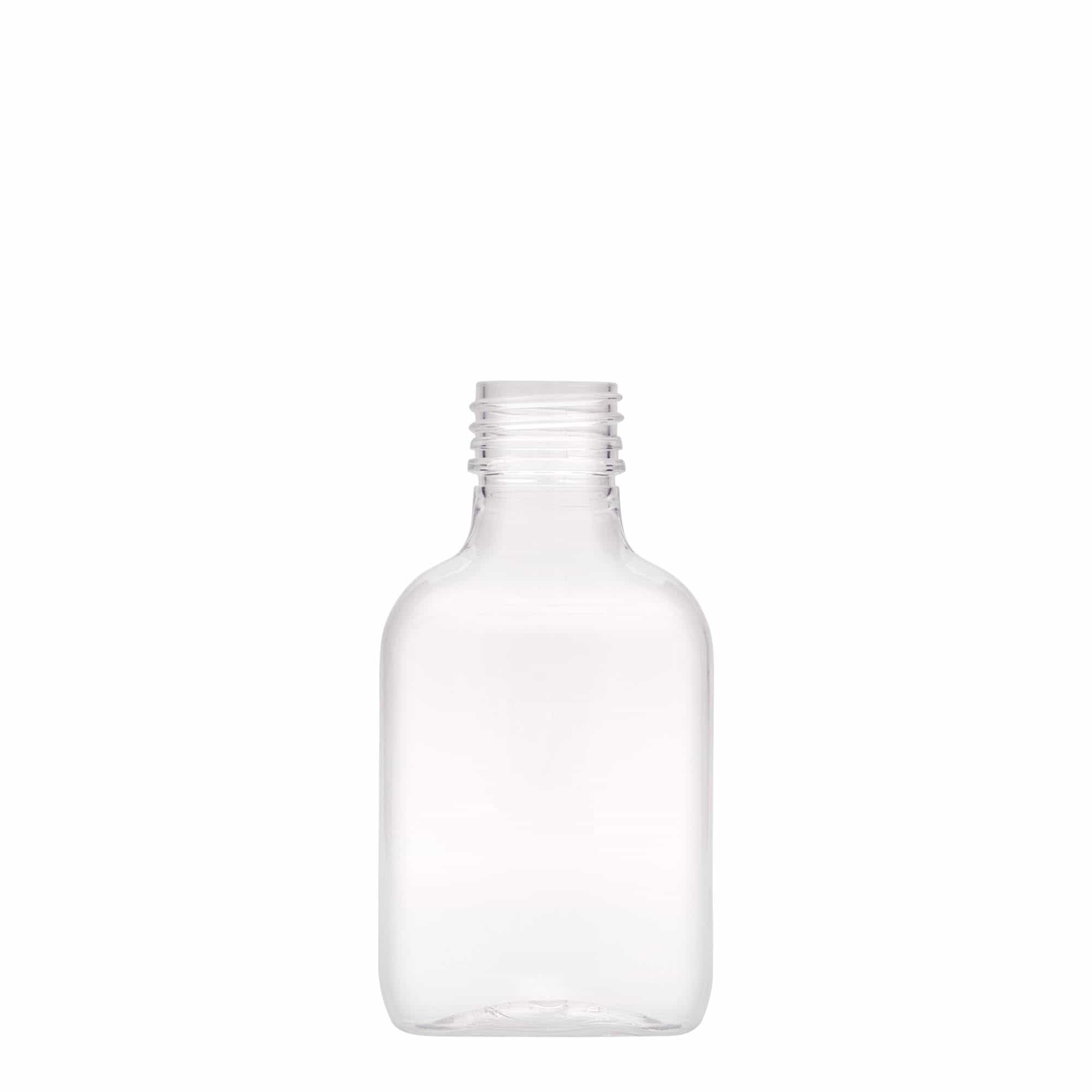 Flasque 100 ml, ovale, plastique PET, col : PP 28