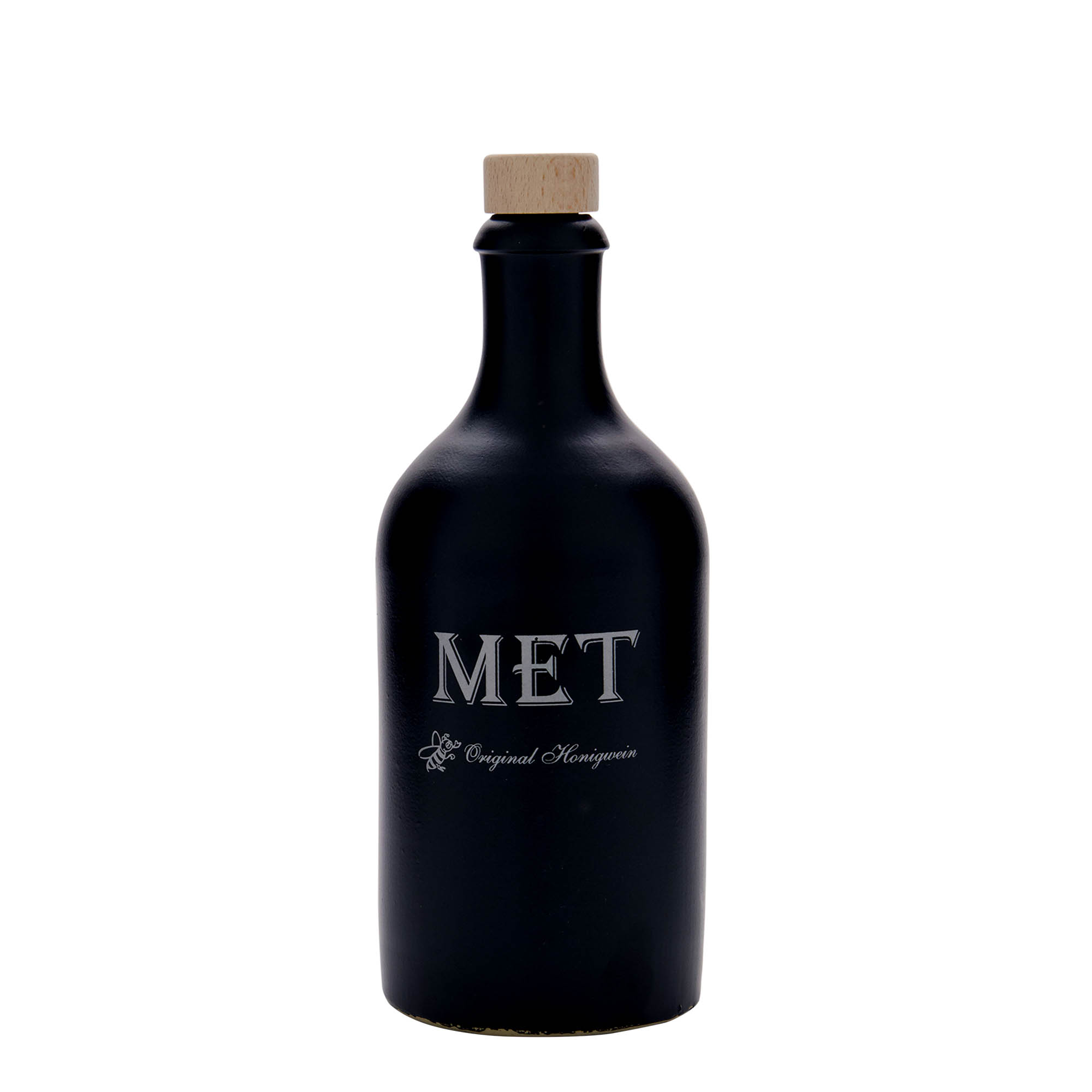 Chope en terre cuite 500 ml, motif : hydromel, grès, noir, ouverture : liège Chope en terre cuite 500 ml, motif : hydromel, grès, noir, ouverture : liège