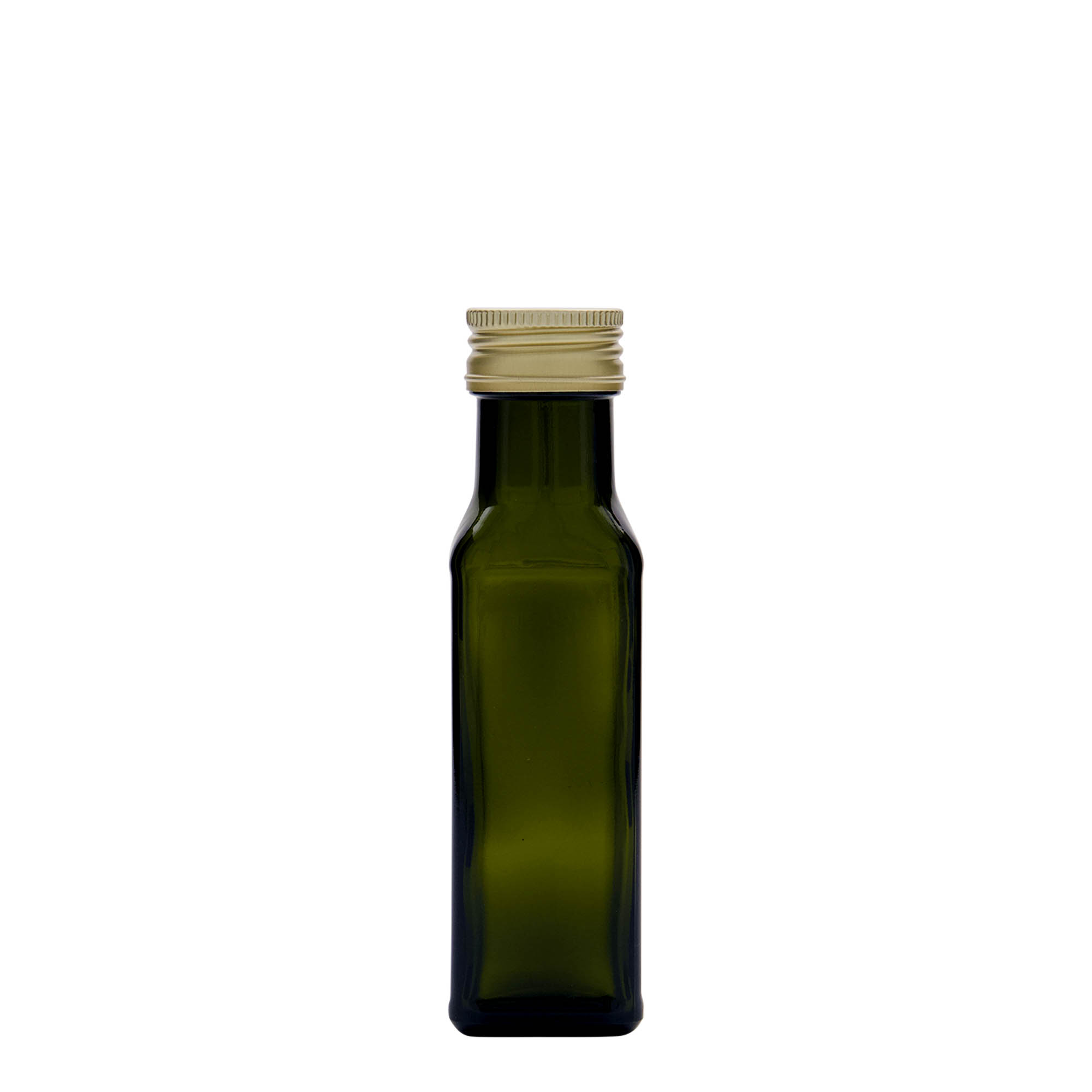 Flacon en verre 100 ml 'Marasca', carré, vert antique, ouverture : PP 31,5 Flacon en verre 100 ml 'Marasca', carré, vert antique, ouverture : PP 31,5