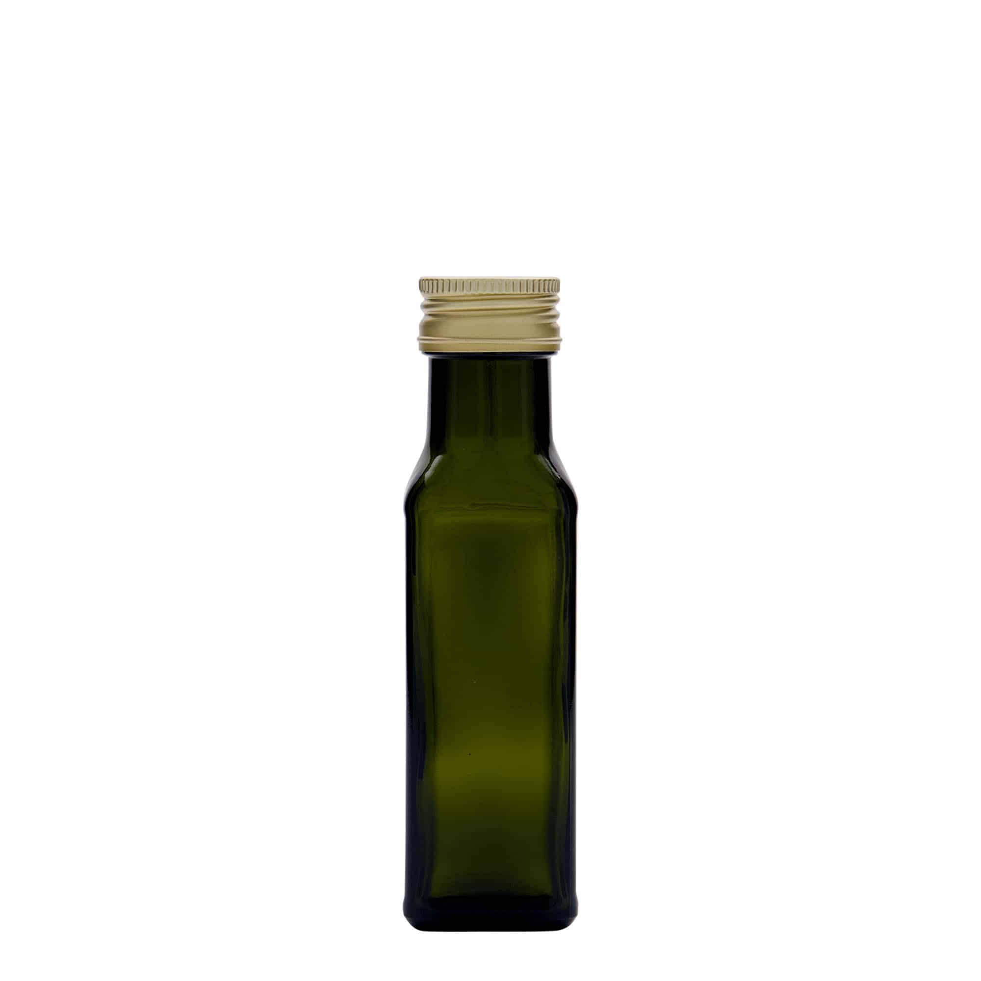 Flacon en verre 100 ml « Marasca », carré, vert antique, ouverture : PP 31,5