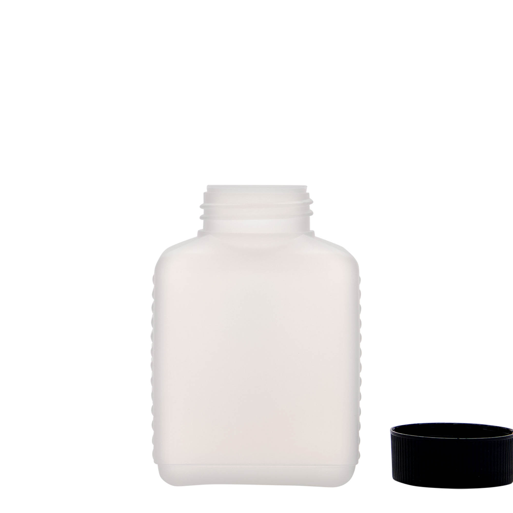 250 ml Bouteille à col large, rectangulaire, plastique HDPE, naturel, ouverture : DIN 40 EPE 250 ml Bouteille à col large, rectangulaire, plastique HDPE, naturel, ouverture : DIN 40 EPE