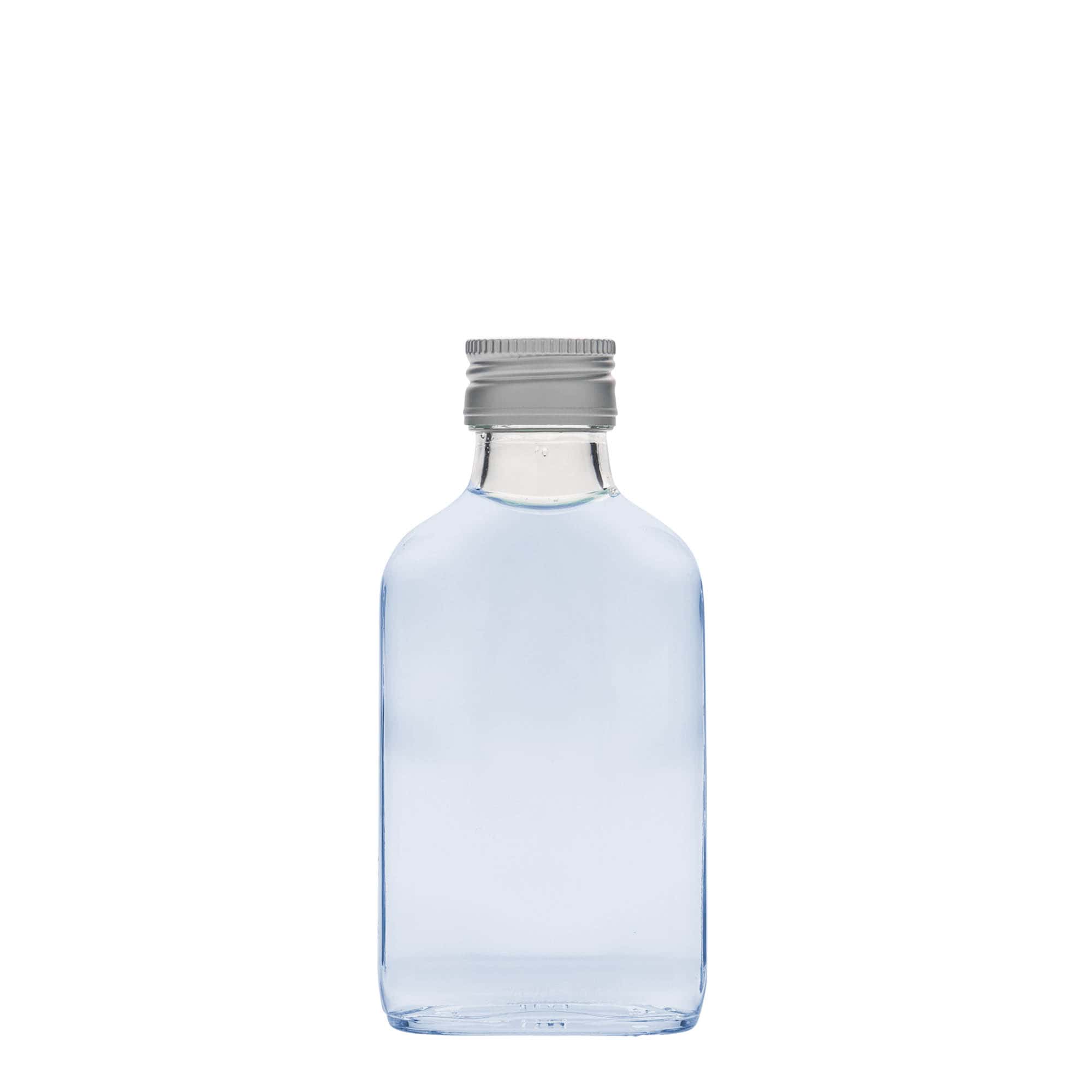 Flacon de poche 100 ml, rectangulaire, verre, ouverture : PP 28 Flacon de poche 100 ml, rectangulaire, verre, ouverture : PP 28