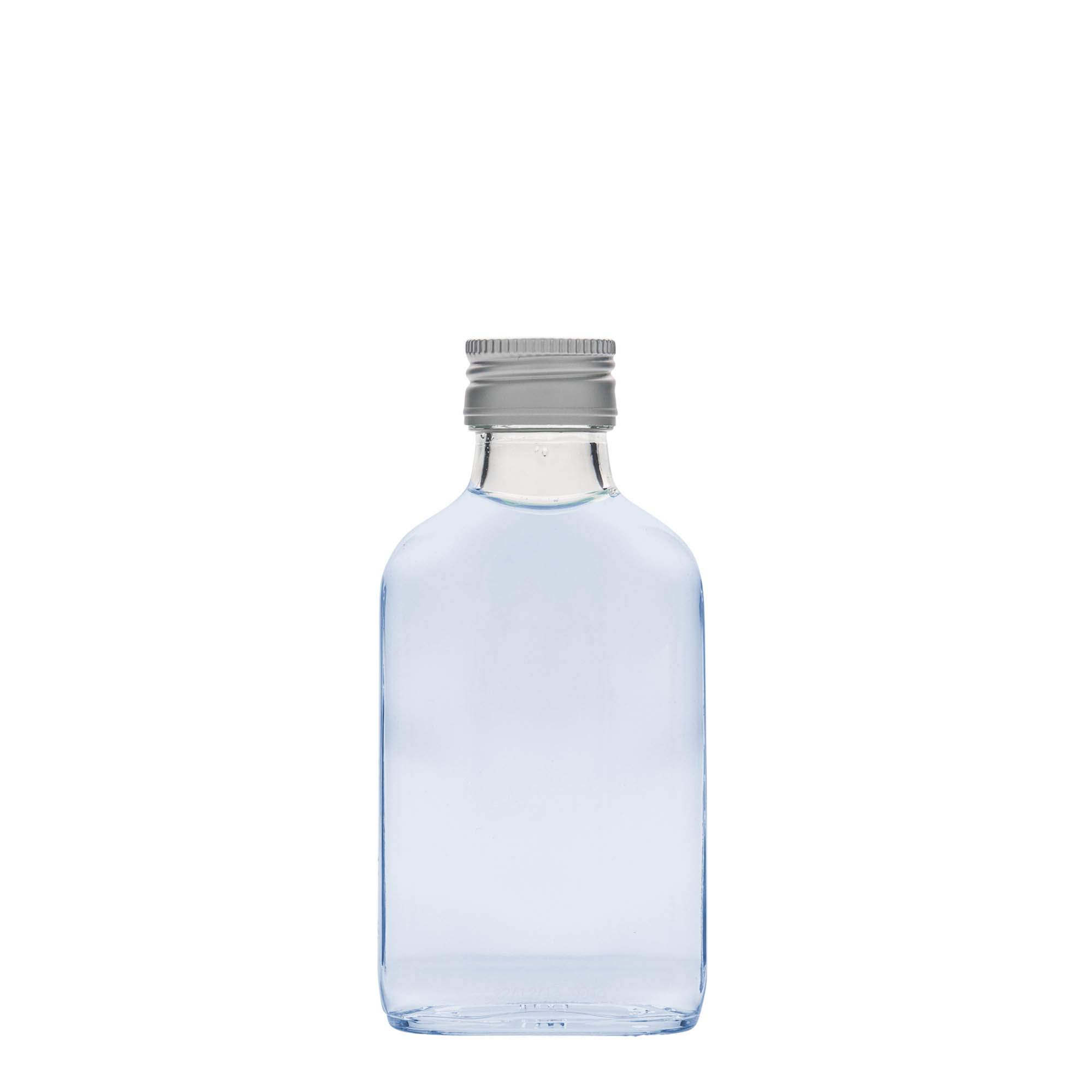 Flacon de poche 100 ml, rectangulaire, verre, ouverture : PP 28 Flacon de poche 100 ml, rectangulaire, verre, ouverture : PP 28