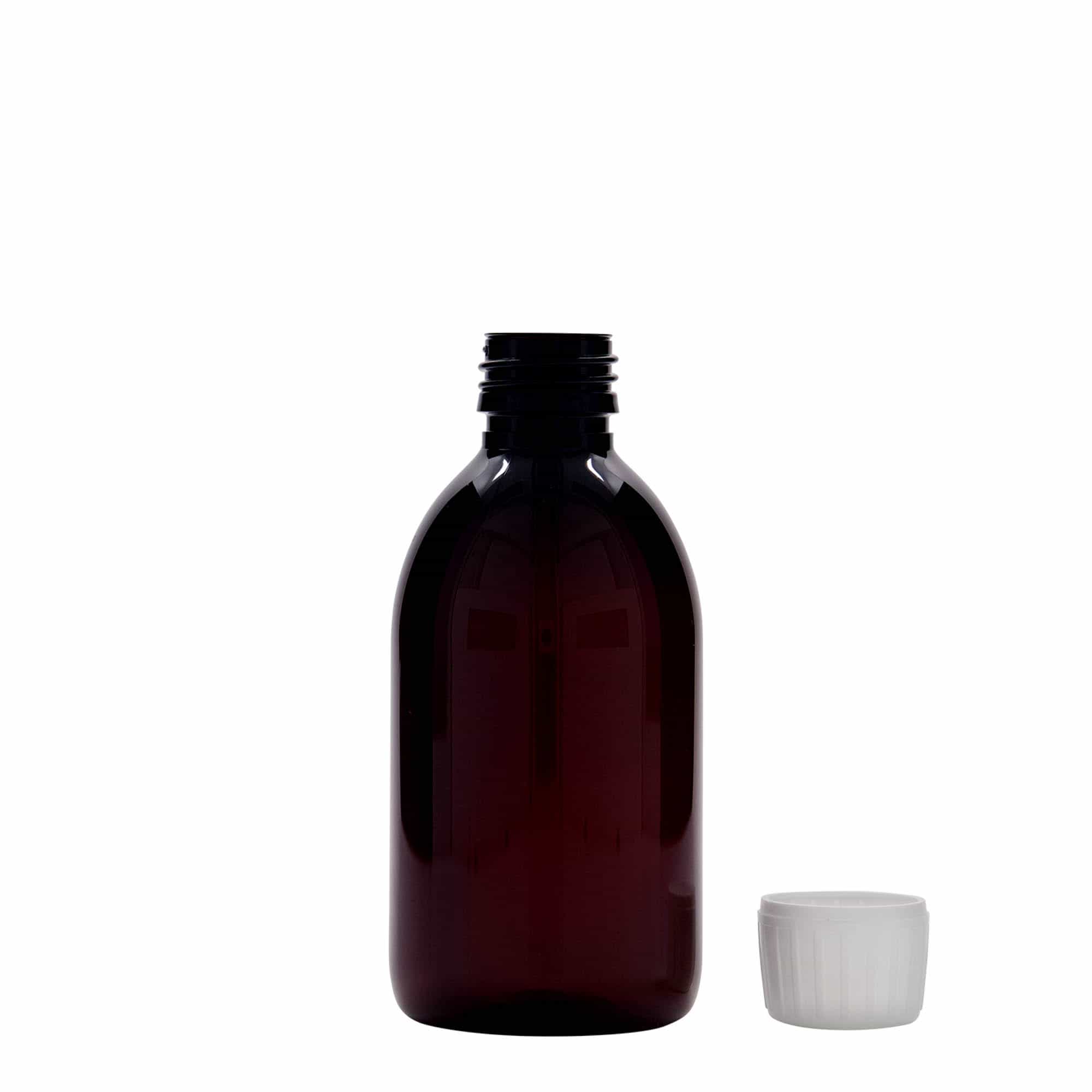Flacon pharmaceutique en PET 250 ml, marron, plastique, bouchage: PP 28