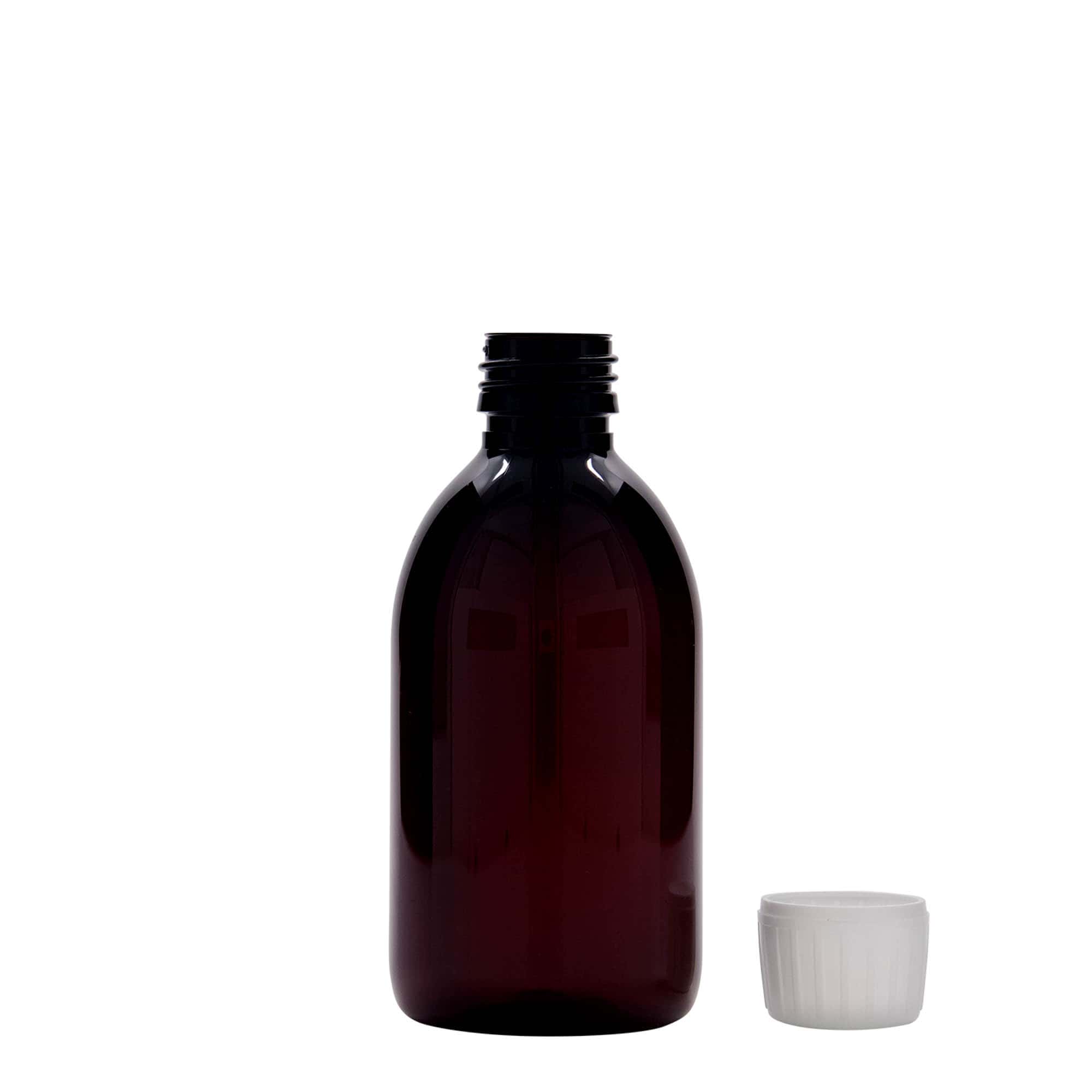 Flacon médical PET de 250 ml, brun, plastique, ouverture : PP 28