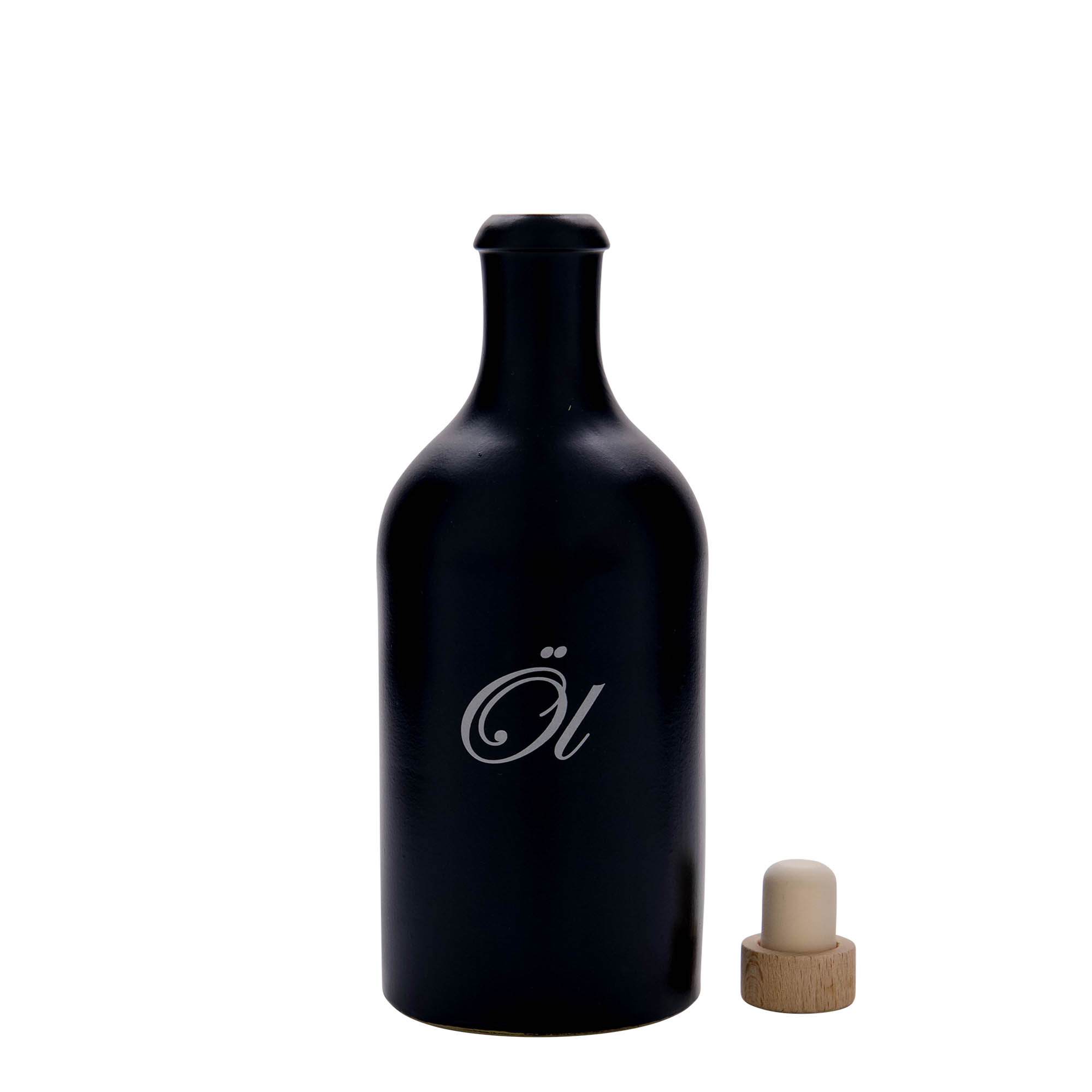 Cruche en terre cuite de 500 ml, motif : huile, grès, noir, ouverture : liège Cruche en terre cuite de 500 ml, motif : huile, grès, noir, ouverture : liège