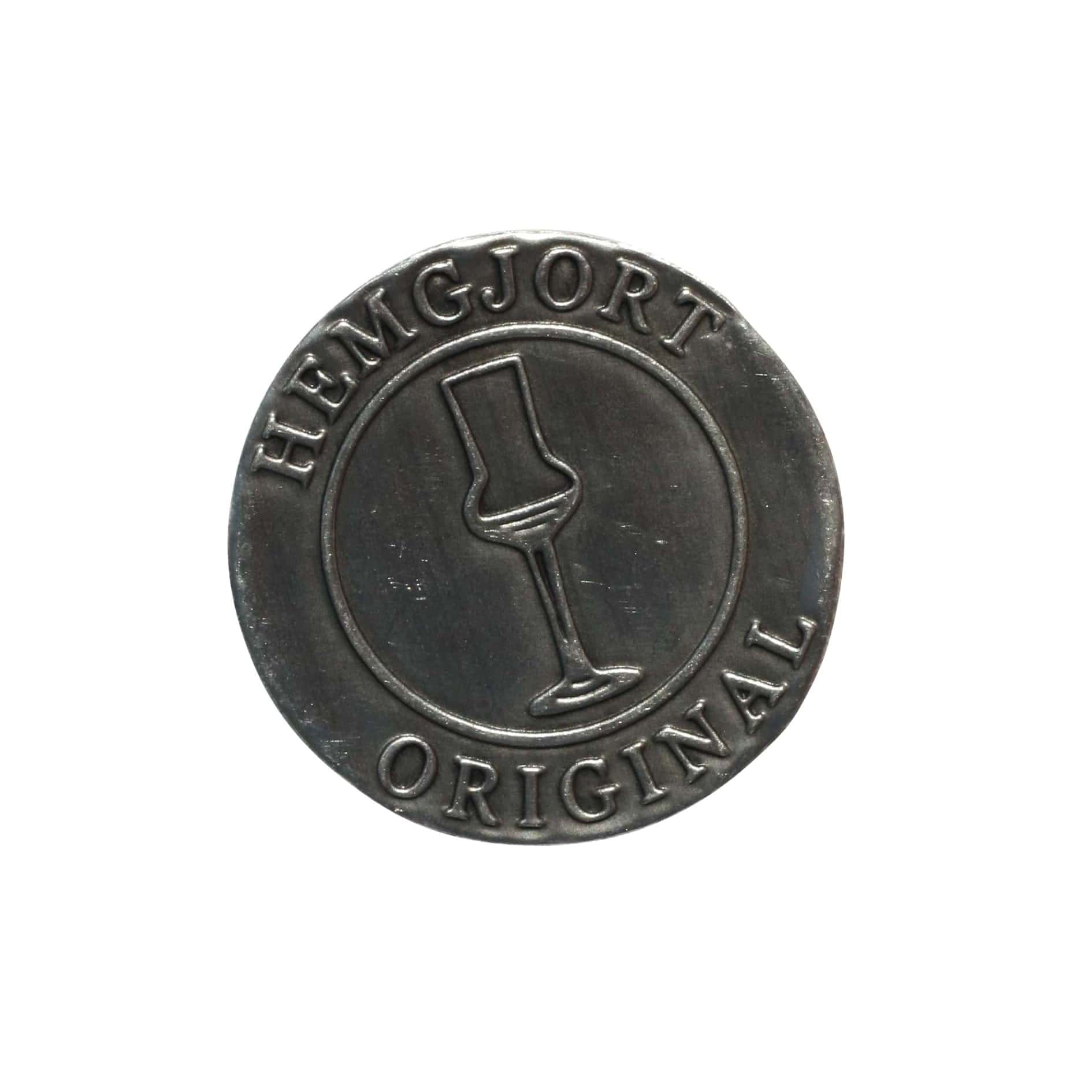 Étiquette en étain 'Hemgjort Original', ronde, métal, argentée Étiquette en étain 'Hemgjort Original', ronde, métal, argentée